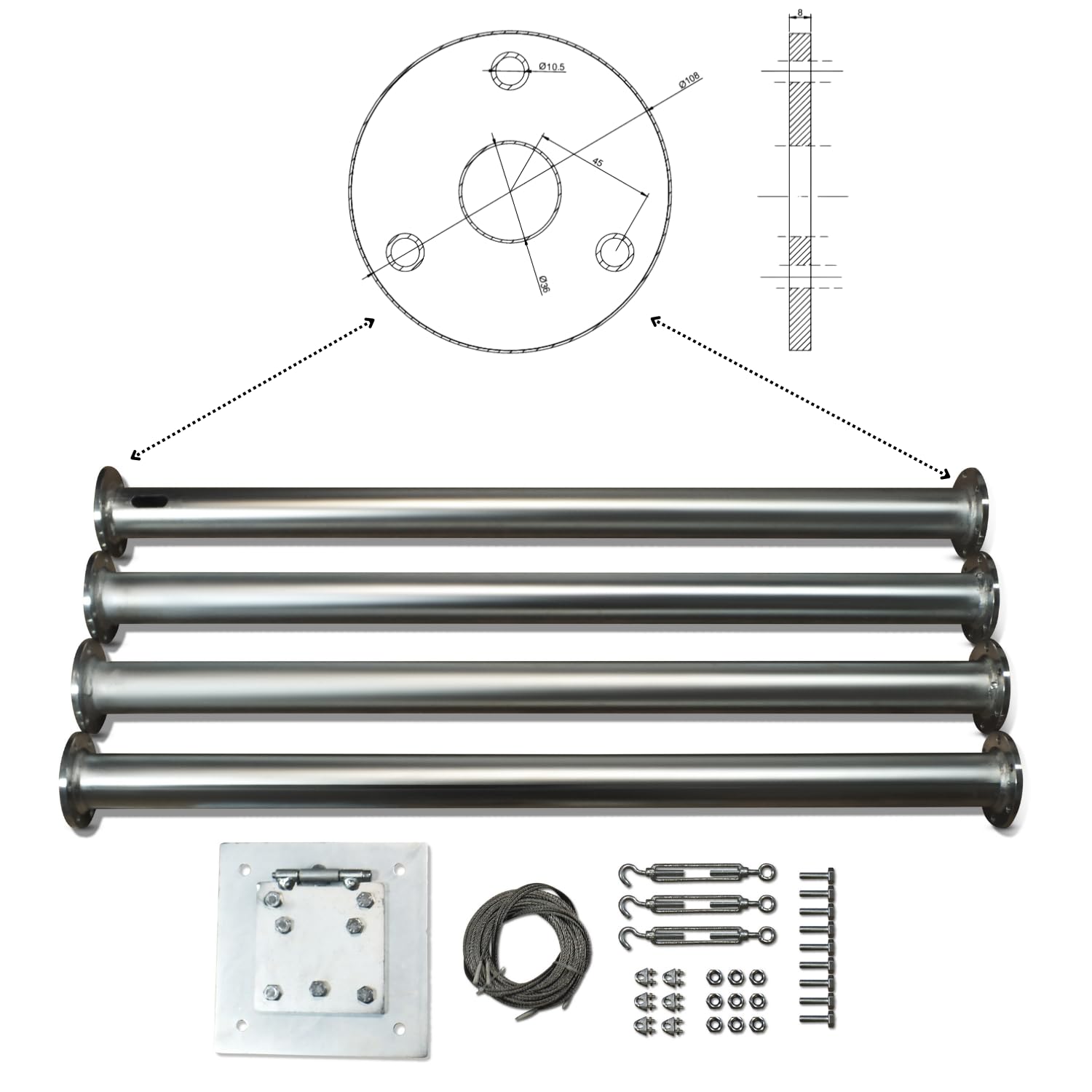 Turbine éolienne Accessoires et mât pliable pour une capacité de charge de 15 à 40 kg (mât pliable de 4 m jusqu'à 15 kg)