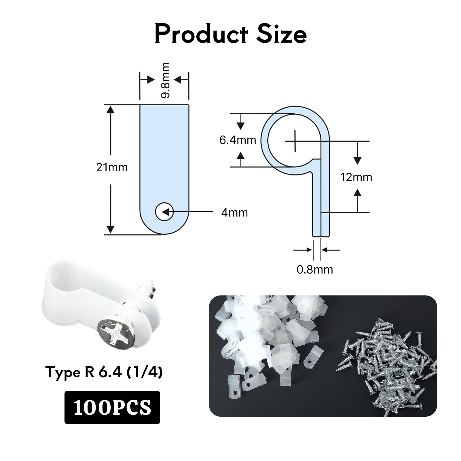 100pcs Fermacavo Tipo R In Nylon Bianco Per Gestione Cavi Elettrici Interni Ed Esterni Con Viti Incluse 6,4 mm Fermacavo Da Muro Riutilizzabile Per Casa Ufficio Garage