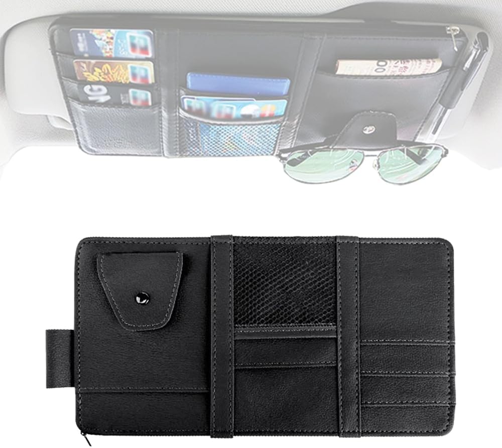 QIZUN Car Sun Visor Organiser for SEAT Exeo Saloon(3R2)(2008-2026), Auto Interior Pocket, Premium Faux Leather Sleeve, Slim Vehicle Document Holder,Black