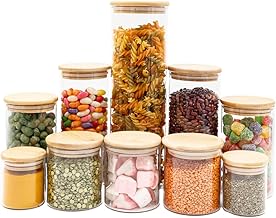 Tud - Kit 10 Potes de Vidro com Tampa de Bambu Herméticos Redondos