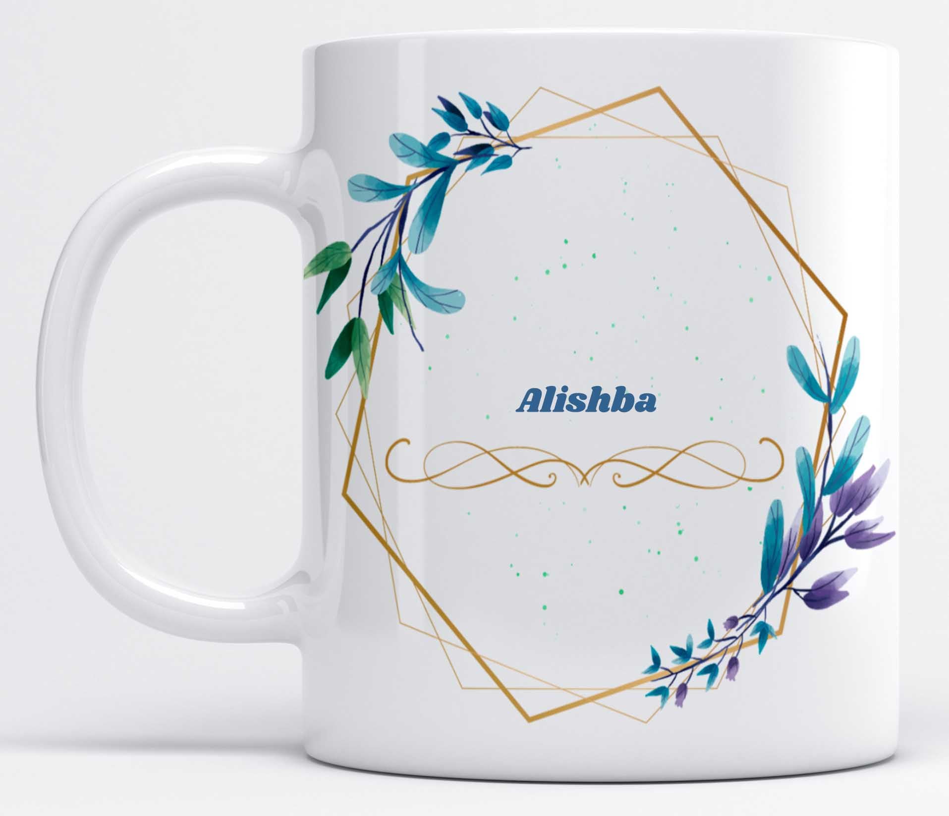 LOROFY Name Alishba Printed Floral Blue Diagonal Design Model S101A White Ceramic Coffee Mug (350ML)