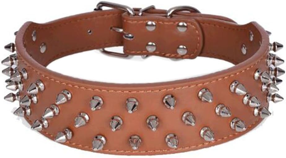 Avenpets Walking Leather Dog Collar with Nickel Plated Spikes Pitbull Bull Terrier Collar,Brown,S:(Neck 17-20")