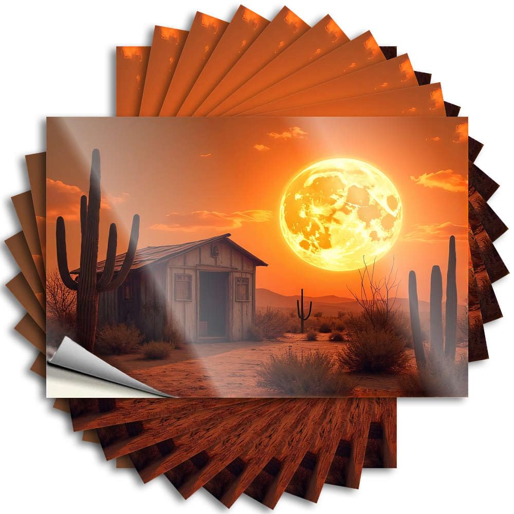 Desert Shack Under A Giant Moon Tattoos Retro Decor Self Adhesive | Aesthetic Cover Vinyl Sticker Pack for Layered(8X12CM)