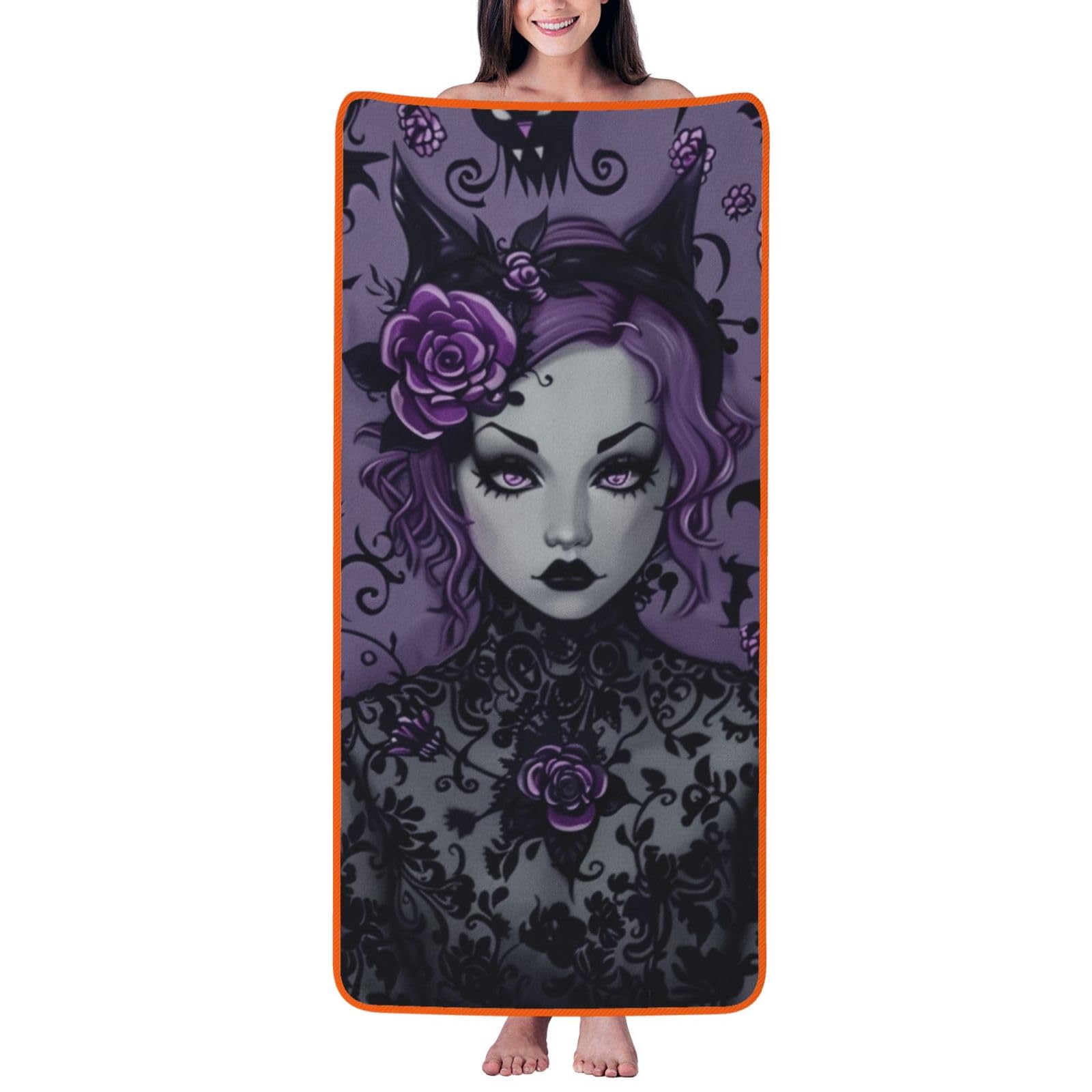 WPKJU Black Goth Spooky Printed Bath Towel with Orange Edging - 27x55 in Soft Extra Absorbent Coral Velvet Shower Towels for Bathroom