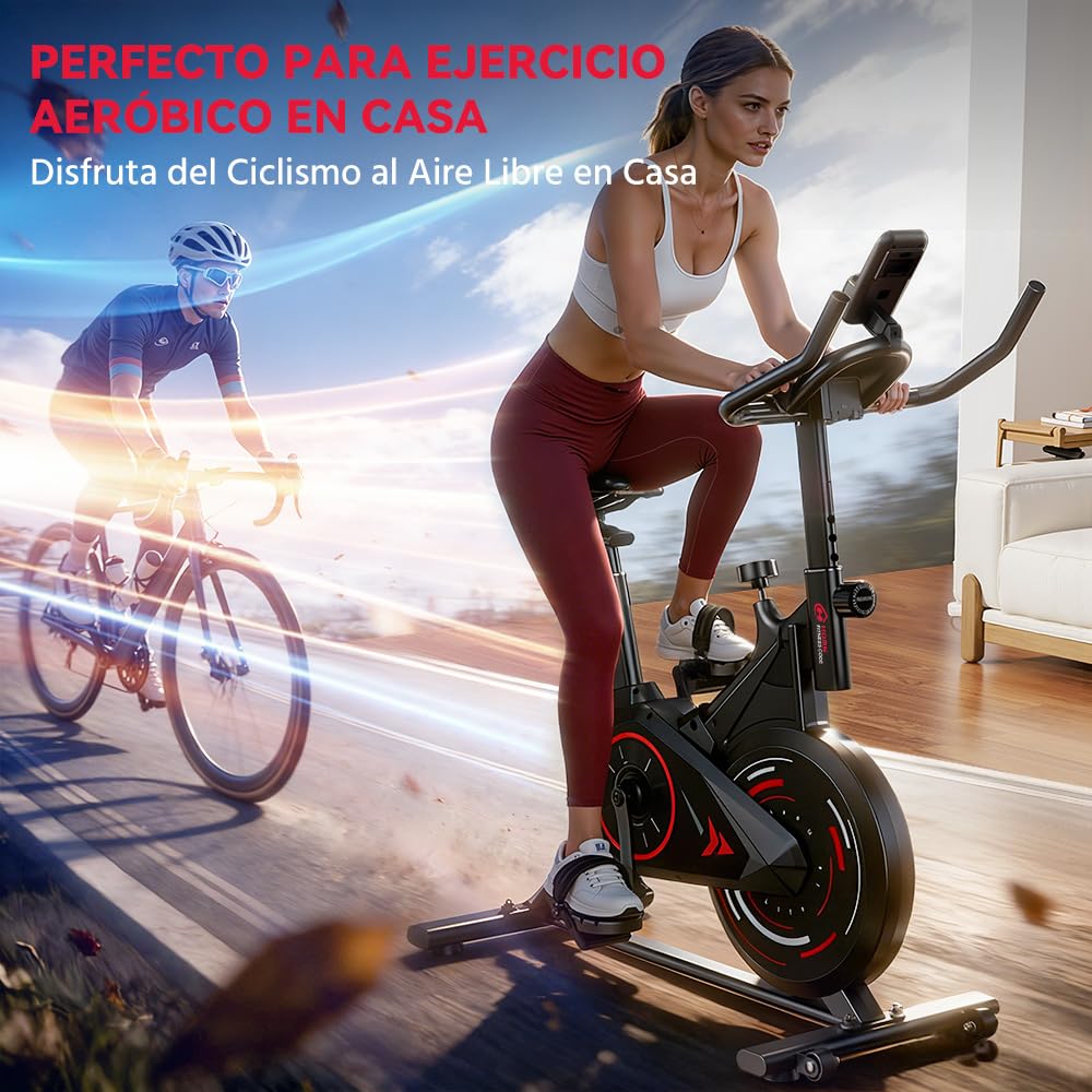 Bicicleta Estática, Bici de Fitness Indoor Compacta con Resistencia Ajustable 0-100%, Pantalla LCD, Soporte para Tablet y Sensor Cardíaco, 120 kg