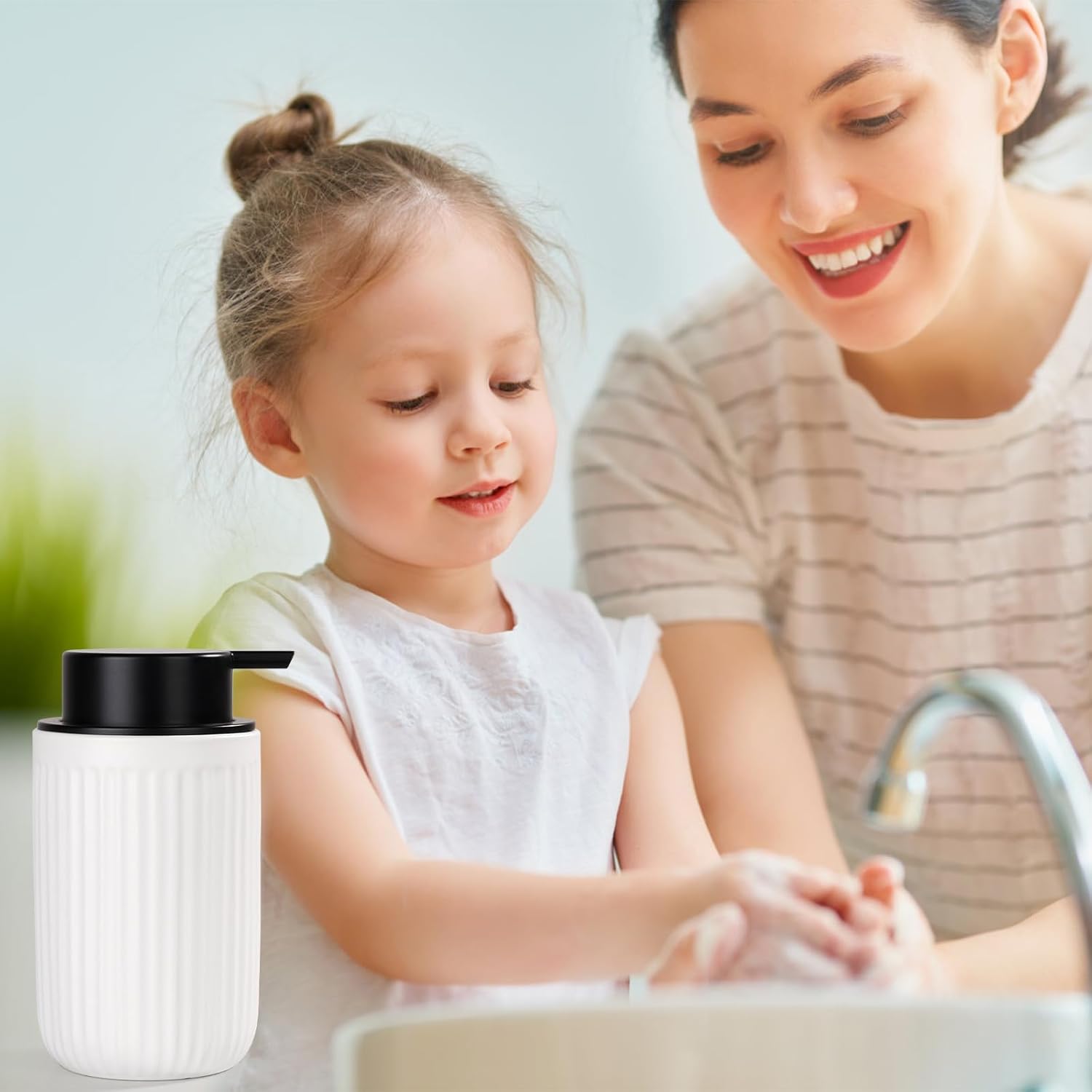 BosilunLife Foam Hand Soap Dispenser - White Ceramic Foaming Soap Dispenser for Bathroom 12oz Refillable Liquid Lotion Soap Dispenser with Rust-Proof foaming Pump for Countertop - Image 7