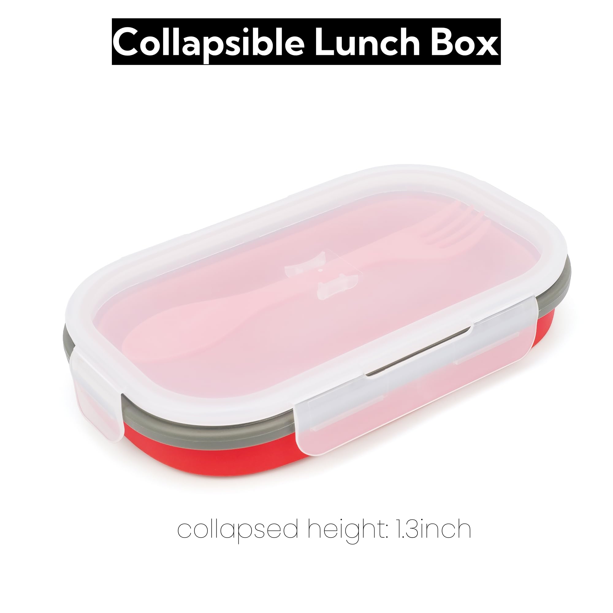 Boîte à déjeuner Bento pliable de 1 000 ml – Récipient alimentaire pliable en silicone avec cuillère 2 en 1 cuillère-fourchette et couvercle hermétique, passe au micro-ondes, rouge
