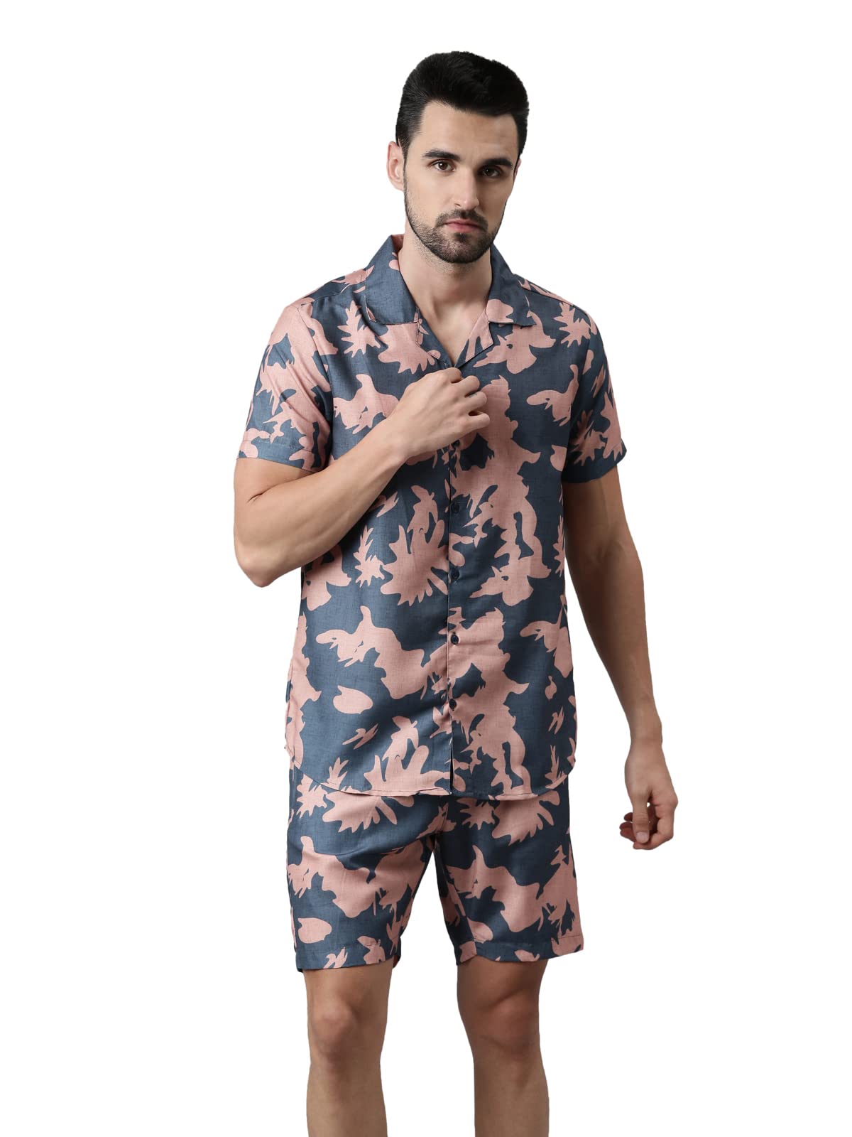 bushirt Men's Regular Slate Blue Printed Pajama Set, Short Sleeves Button Front Night Suit, Relaxed Fit Co-Ords with Chinese Collar & Elastic Waist Pajamas, Stylish & Comfortable Sleepwear - S-picture-17