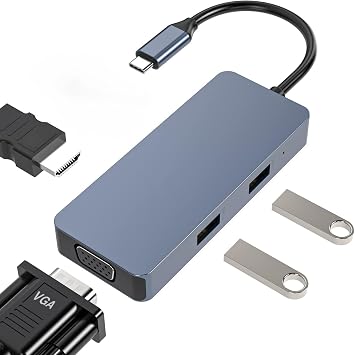 USB C Hub, 6-in-1 USB C to HDMI Adapter with 4K HDMI, VGA, SD/TF Card Readers, 2 USB 2.0, USB C Hub Multiport Adapter Compatible with MacBook Pro/Dell/HP/Lenovo, and Other Type-C Device