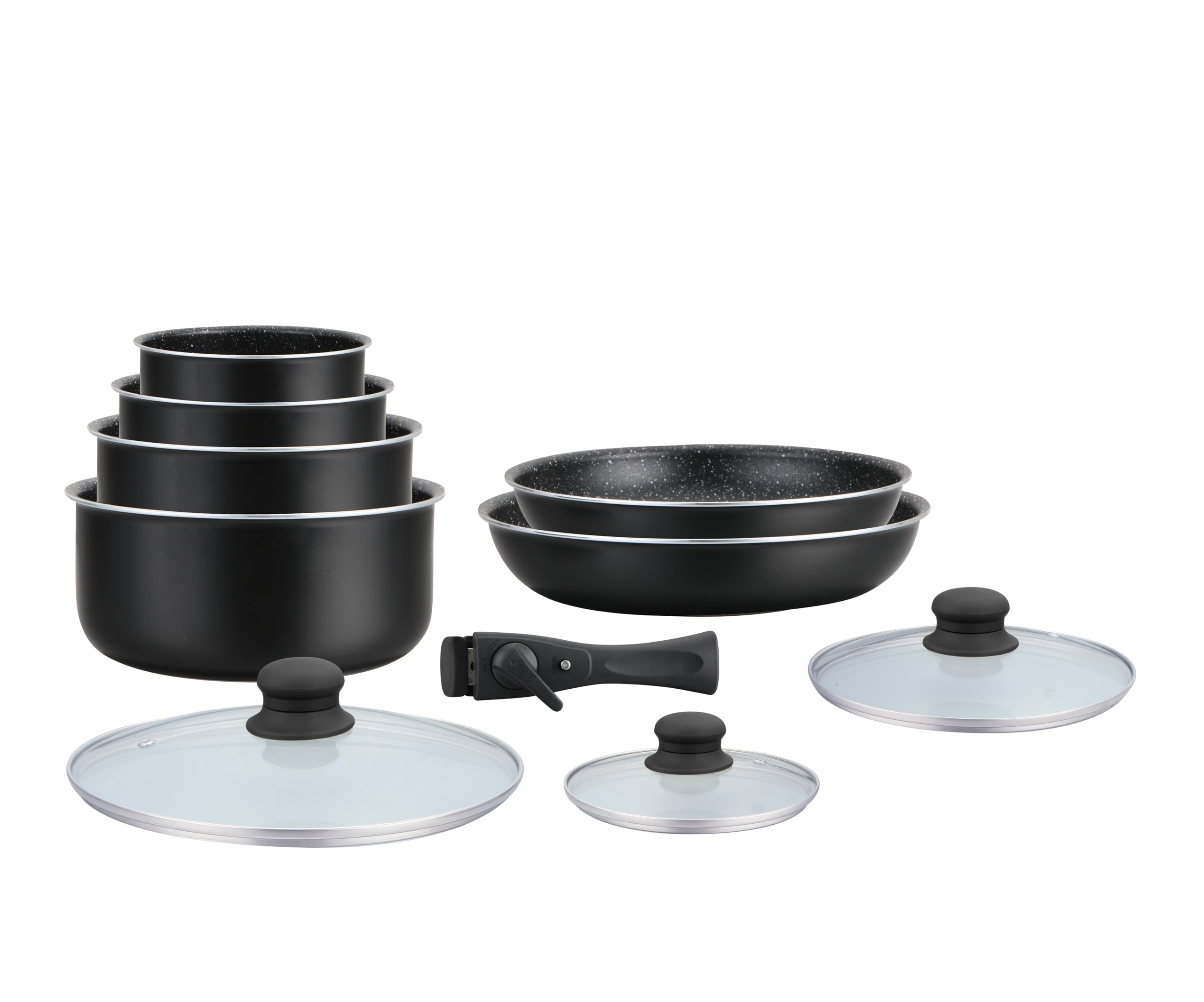 HAGEN, Batterie de cuisine revêtement pierre, Manche amovible, 10 pieces, Noir, Revêtement anti-adhésif, Tous les types de feux, y compris l'induction, HA04630