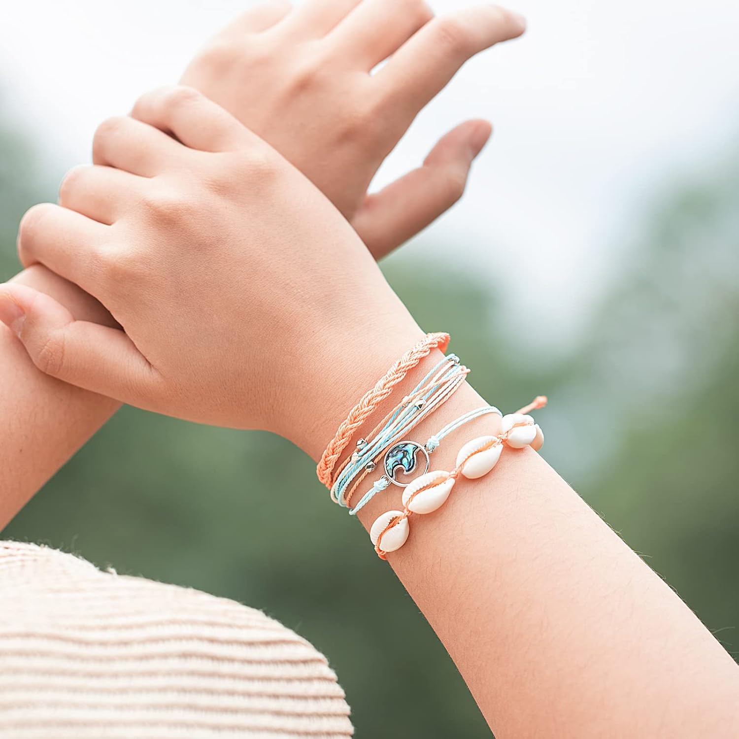 FANCY SHINY Wave String Bracelets Braid Puka Shell Bead Bracelets Handmade Cute Trendy Boho Easter Jewelry Gifts for Women - Image 2