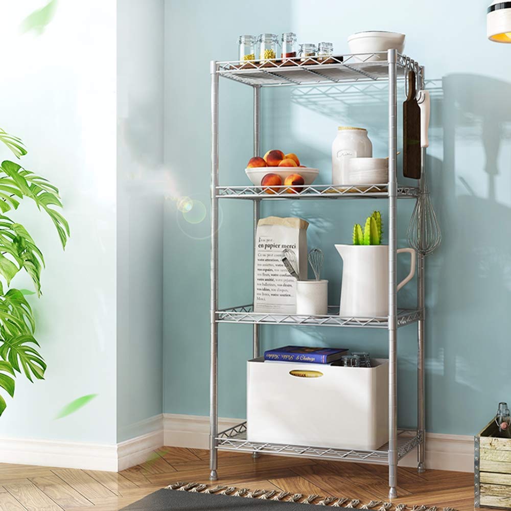 Scaffale moderno a 4 ripiani con ganci, multiuso, in metallo, per dispensa, cucina, bagno e ufficio, in filo di acciaio inox, colore oro
