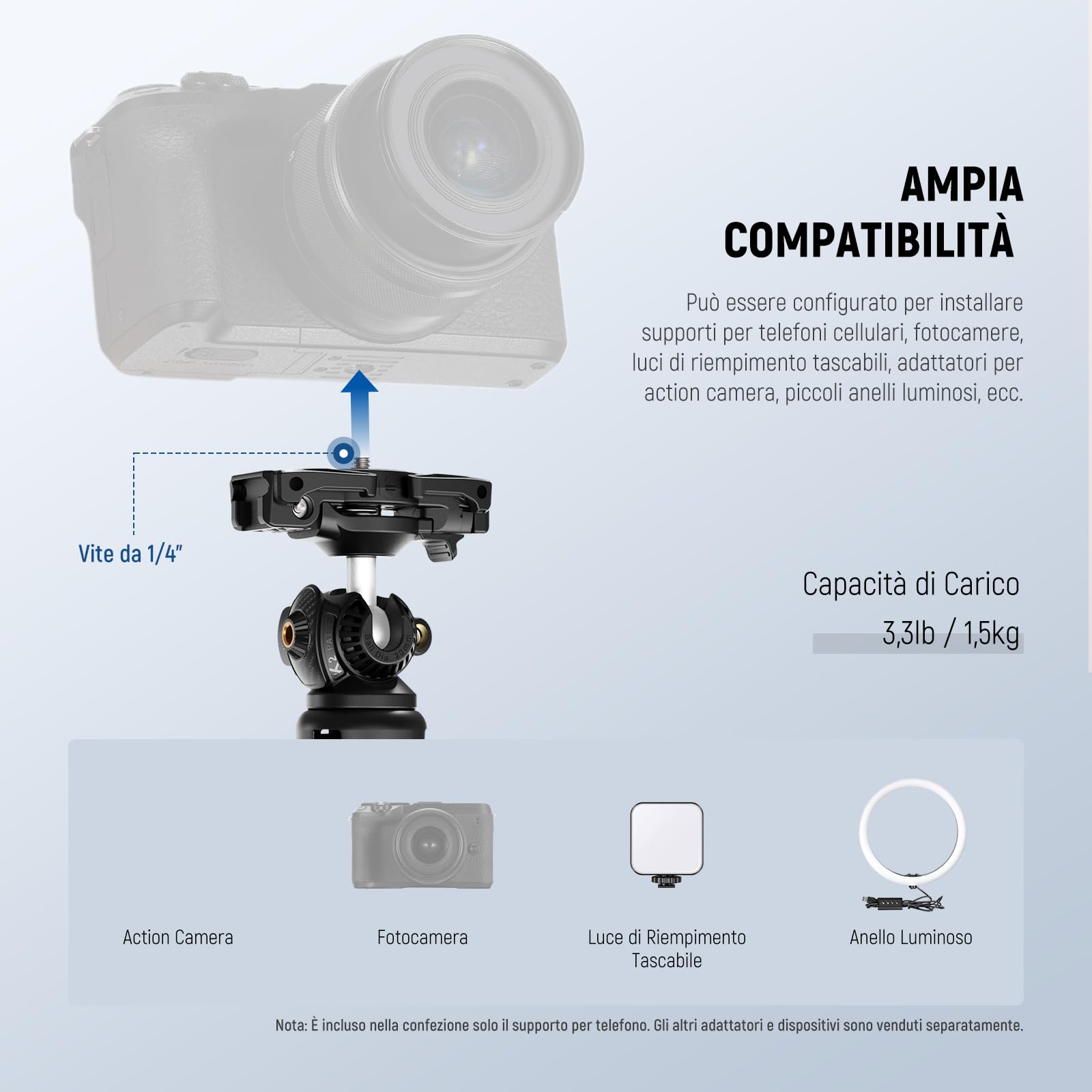 NEEWER TP38 Treppiede Fotocamera Smartphone Selfie Stick con Porta Cellulare Adattatore Action Cam Compatibile con iPhone GoPro, Mini Tripod Supporto Viaggio con Panno Pulizia per Vlog Riprese Video