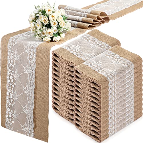 24 Pcs Lace Burlap Table Runner Bulk Rustic Natural Jute Table Runner 12 x 108 Inch Farmhouse Hessian Lace Table Cloth for