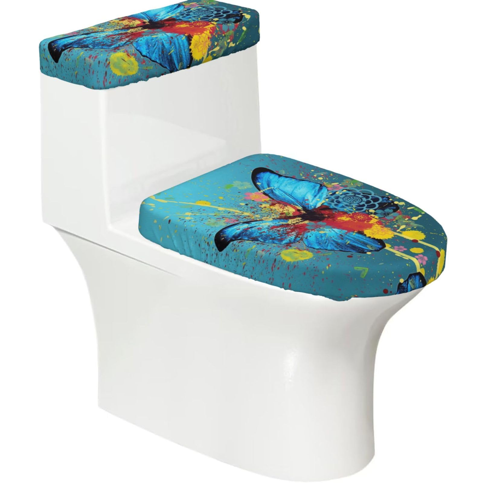 SATUSA Butterfly Pattern Print Toilet Lid Cover Tank Lid Cover Stretchable Toilet Seat Covers For Bathroom Fit Most Round And Elongated Oval Toilet Bathroom Home Decor