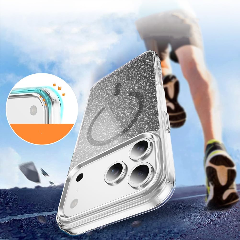 Magnetisch Hülle für iPhone 17 Pro Max/17 Pro/17 Air/17, Dünne Glitzer rutschfeste Schutzhülle Unterstützt Drahtloses Aufladen Handyhülle,Schwarz,17 Pro