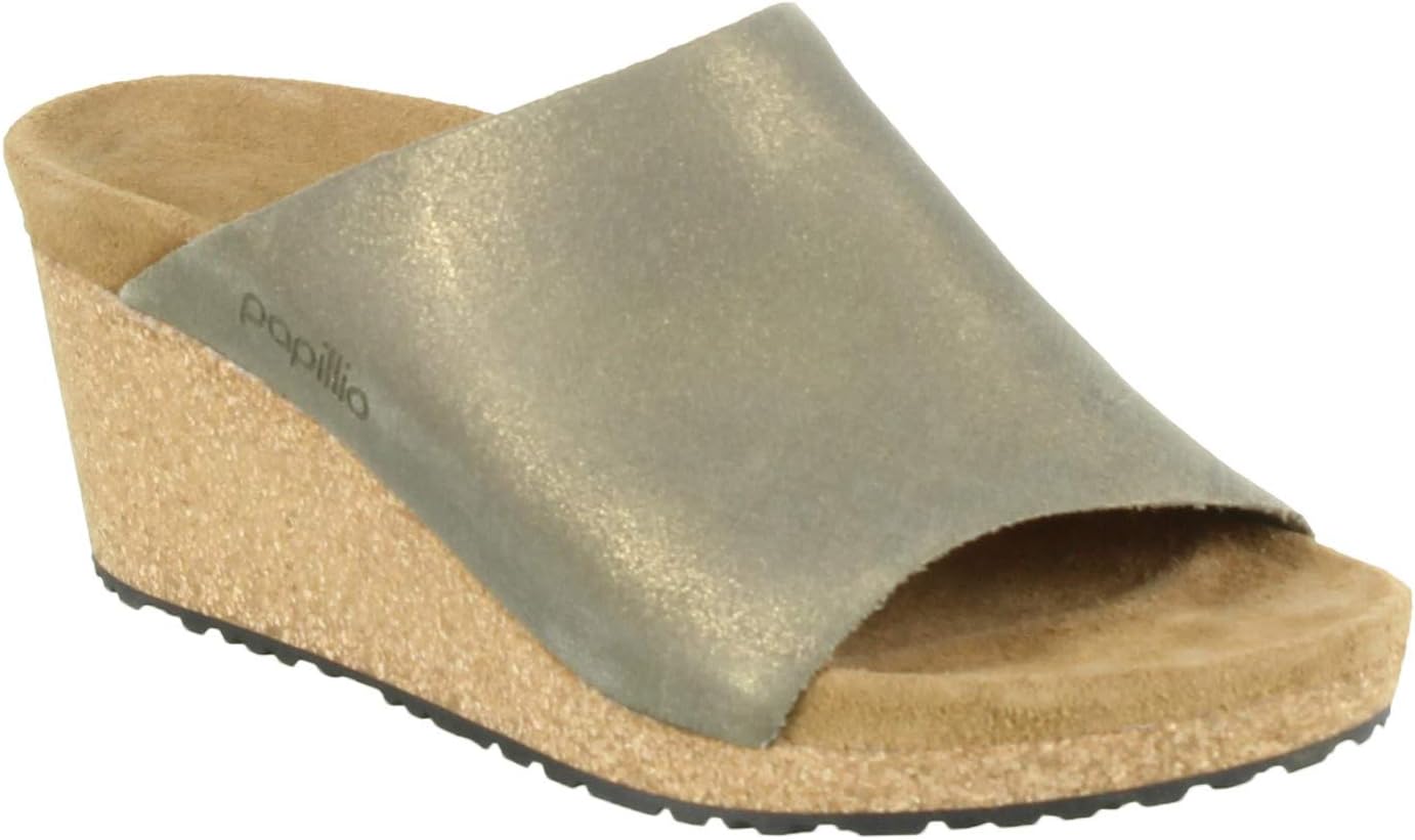 BirkenstockPapillio Women's Namica Wedge Sandals in Suede Leather Metallic Stone Gold