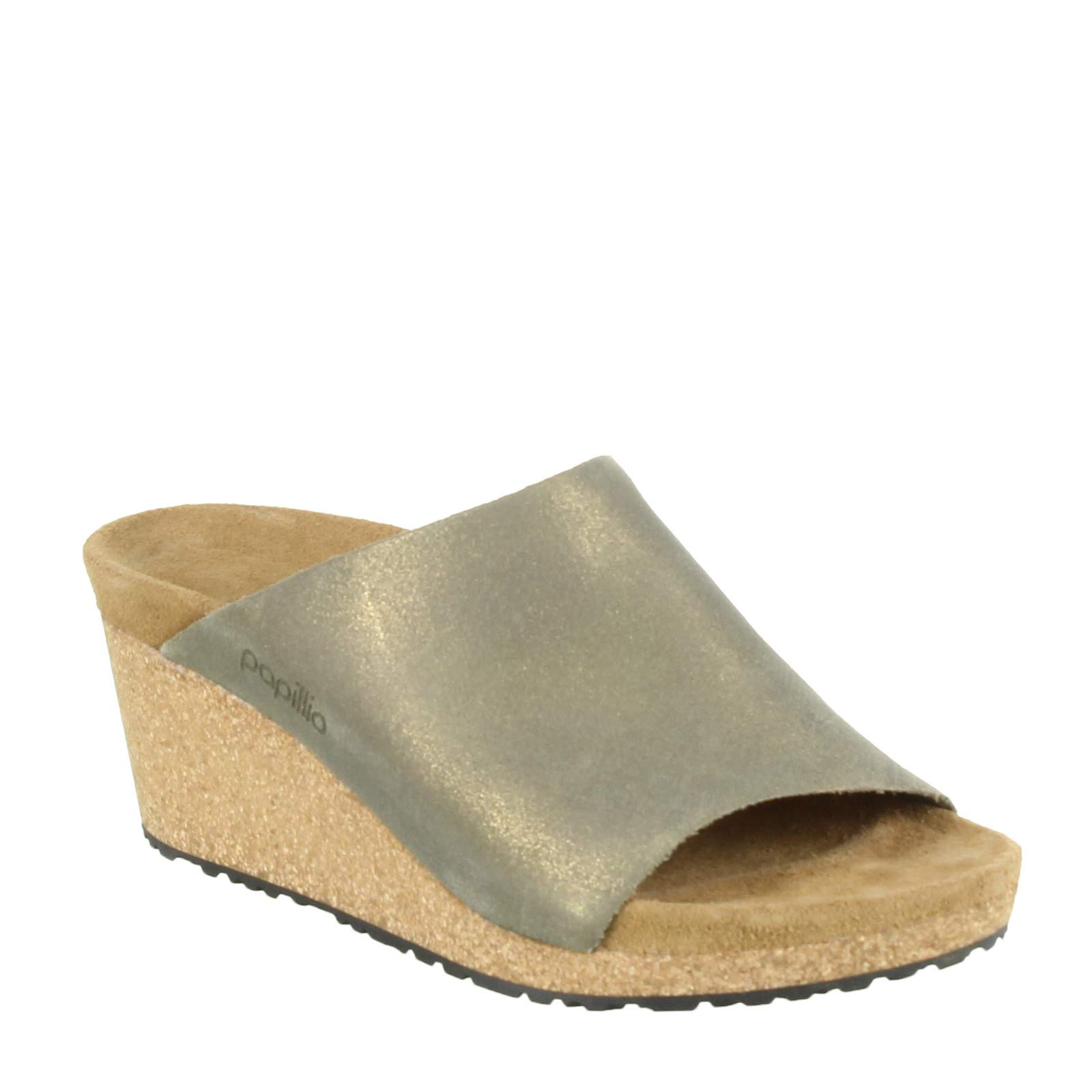 BirkenstockPapillio Women's Namica Wedge Sandals in Suede Leather Metallic Stone Gold