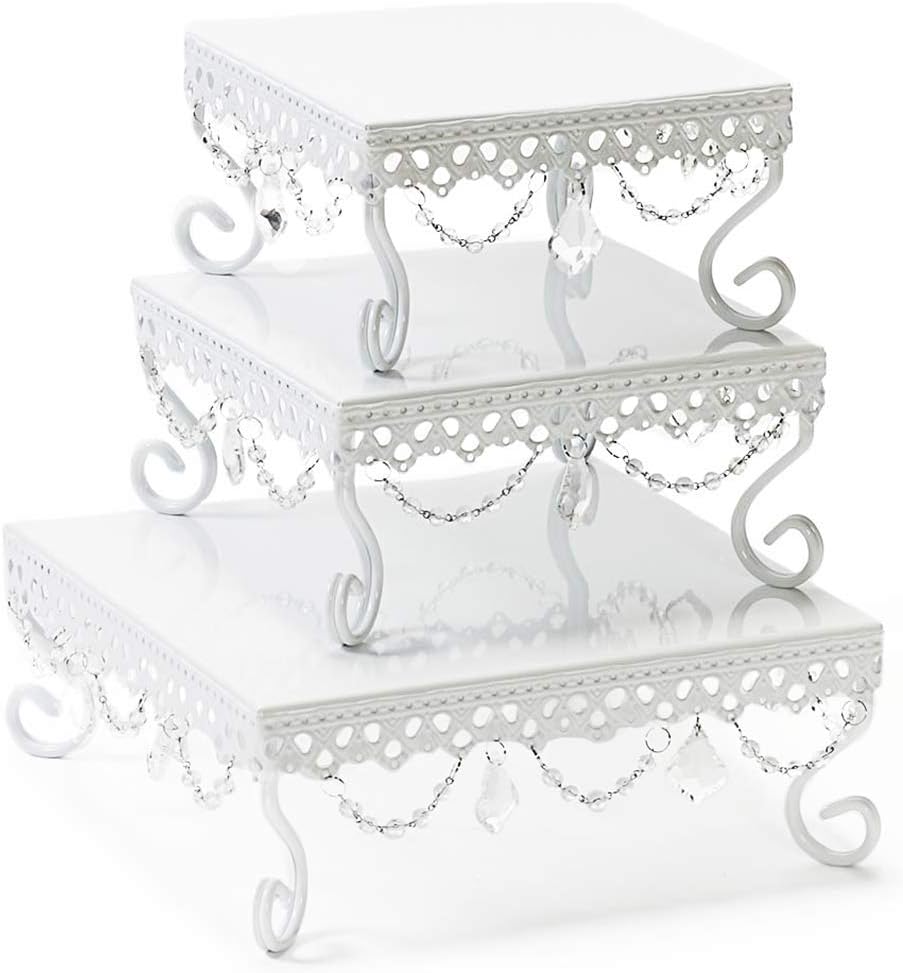 Opulent Treasures White Cake Stands, Square Chandelier Cake Dessert Plates, Set of 3, Wedding, Anniversary, Bridal Shower, Baby Shower Dessert Tables