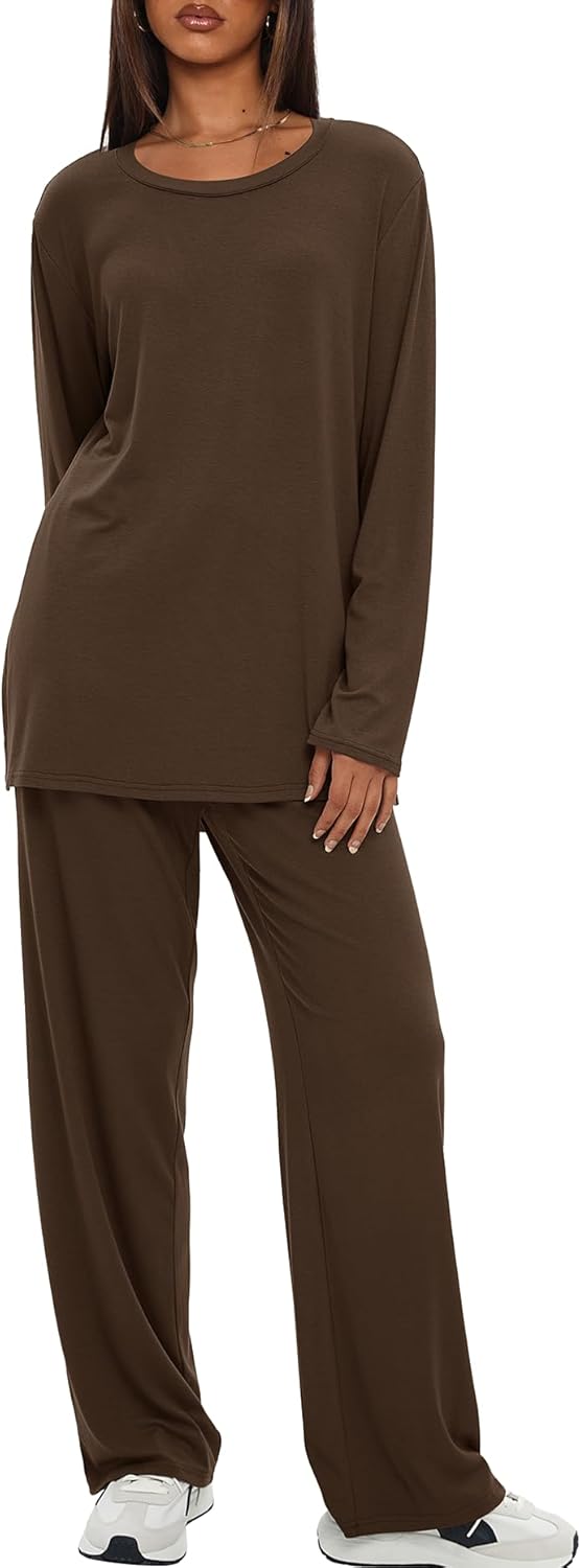 Darong Women's 2 Piece Lounge Set Casual Long Sleeve Crew Neck Tops Wide Leg Pants Travel Airport Outfit Matching Sets - Image 4