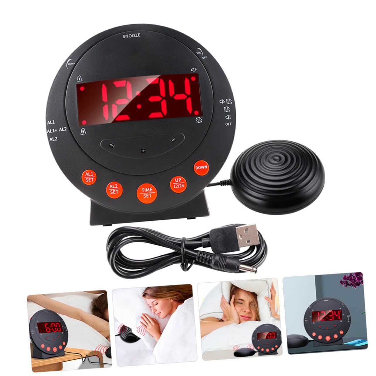 Digitaler Vibrationswecker und Einstellbarer Lautstärke mit Großen Zahlen Kunststoffgehäuse USB Kabel Inklusive für Senioren und Gehörlose im Schlafzimmer