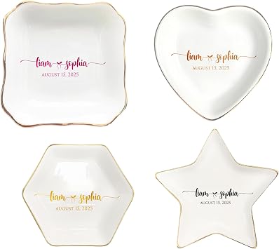 Personalized Ceramic Jewelry Tray For Wedding, Gift Custom Names, Gifts for Her, Trim Jewelry Tray Bridesmaid Wedding Engagement Gifts Jewelry Dish Custom Ring Dish Couple Style 1