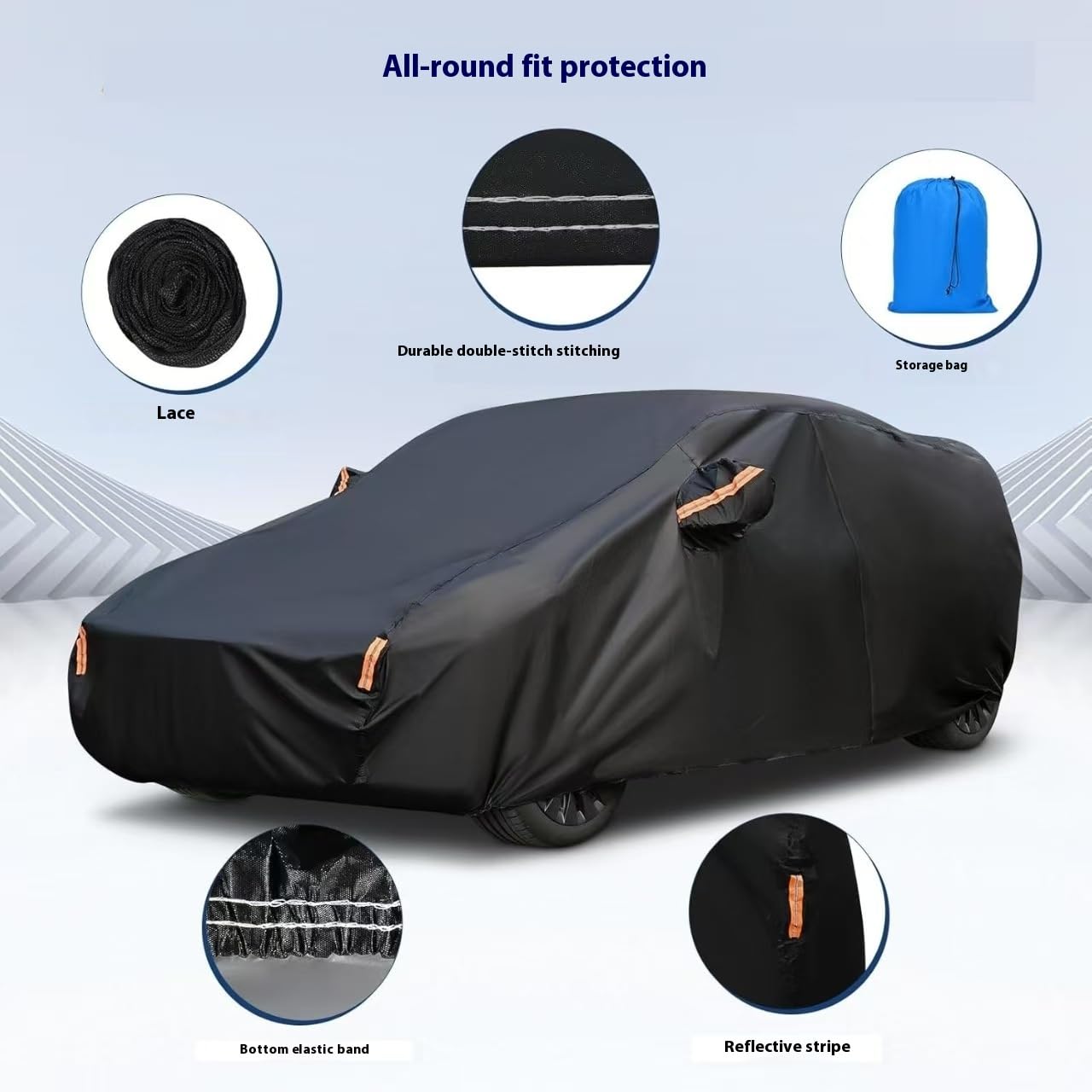 Funda Exterior Para Toyota Corolla Sedán, 190T-PU Negro Con Franjas Reflectantes, Cremallera En Puerta Y Cuerda Elástica