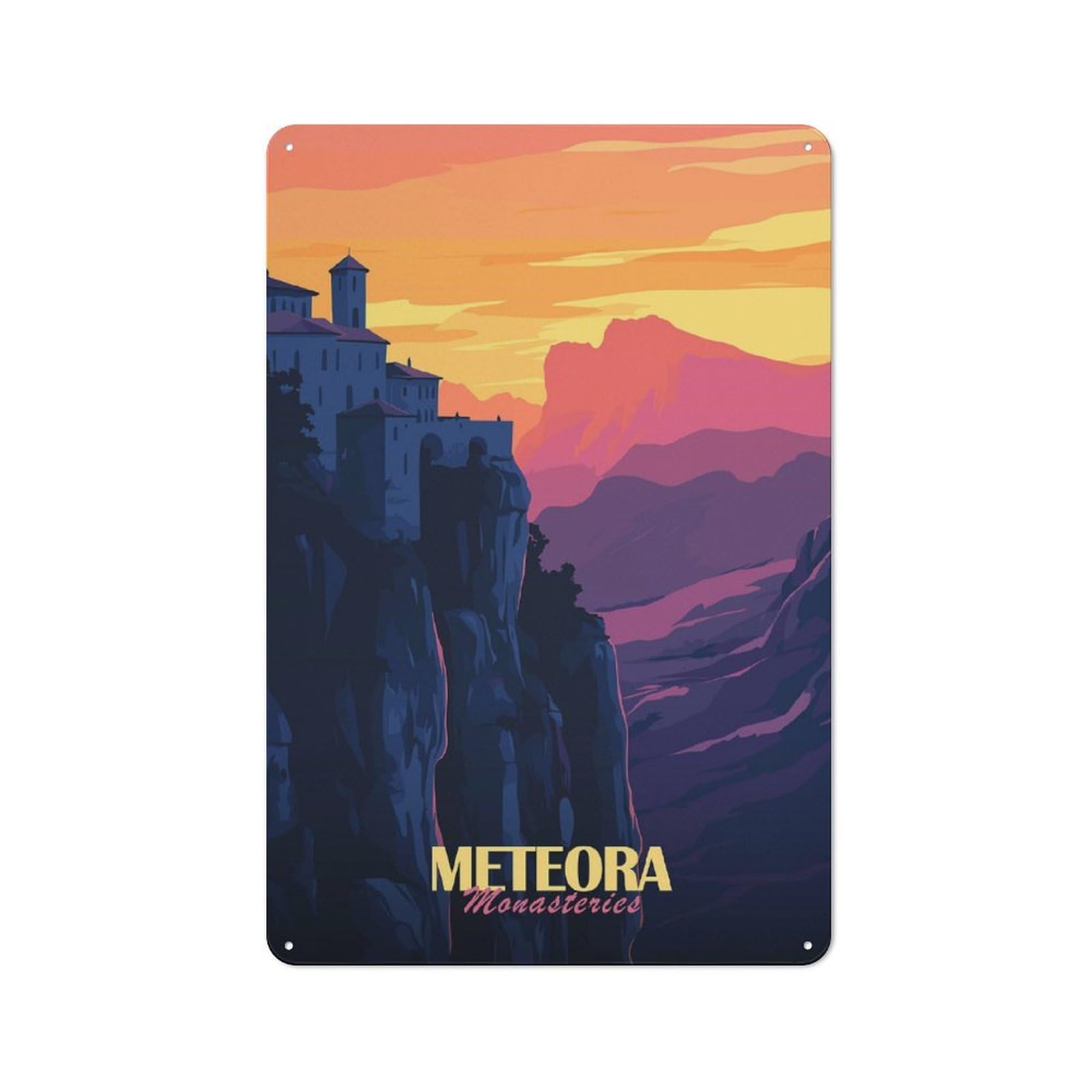 Junmoney Style-23 Barn Style Farmhouse Metal Sign 30X20cm Featuring Meteora Monasteries Sunset, Cottage Wall Art For Kitchen, Cottage, Porch Or Garden Room