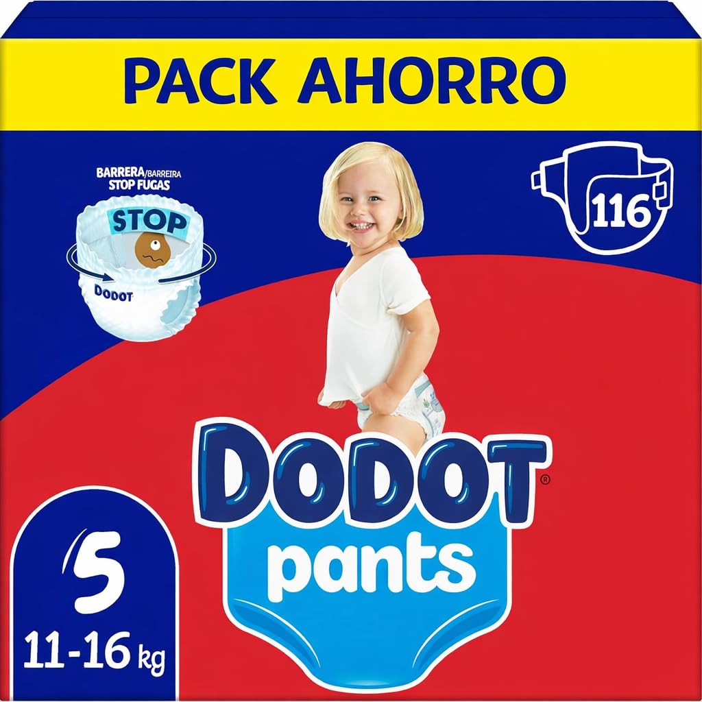 Dodot Bebé Pants Pañales, Talla 5, 11-16 kg, 116 Pañales, Pañal-Braguita con Ajuste 360° Anti-Fugas, Barrera STOP Fugas y Hasta 12 Horas de Sequedad, Pack Ahorro