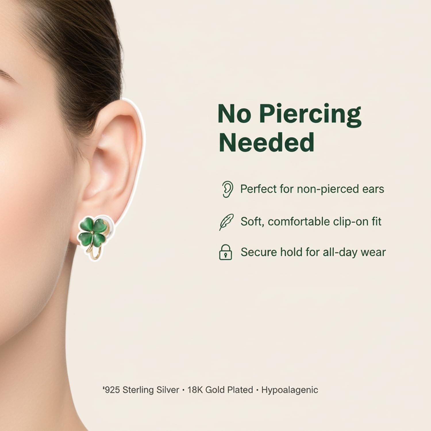 925 Silver Plated St. Patrick's Day Shamrock Clip on Earrings, Cat's Eye Stone Green Heart Four Leaf Clover Earrings for Women Non Pierced Lucky Trendy Clover Studs Jewelry Accessories Ear Cuffs - Image 4