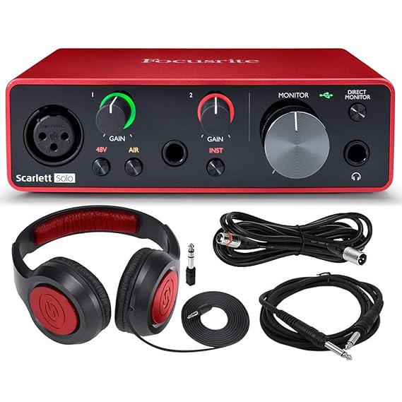 Focusrite Scarlett Solo USB Audio Interface (2nd Generation) Bundle with XLR Cable + 1/4 Inch Cable + Samson Studio Headphones + FiberTique Cleaning cloth...