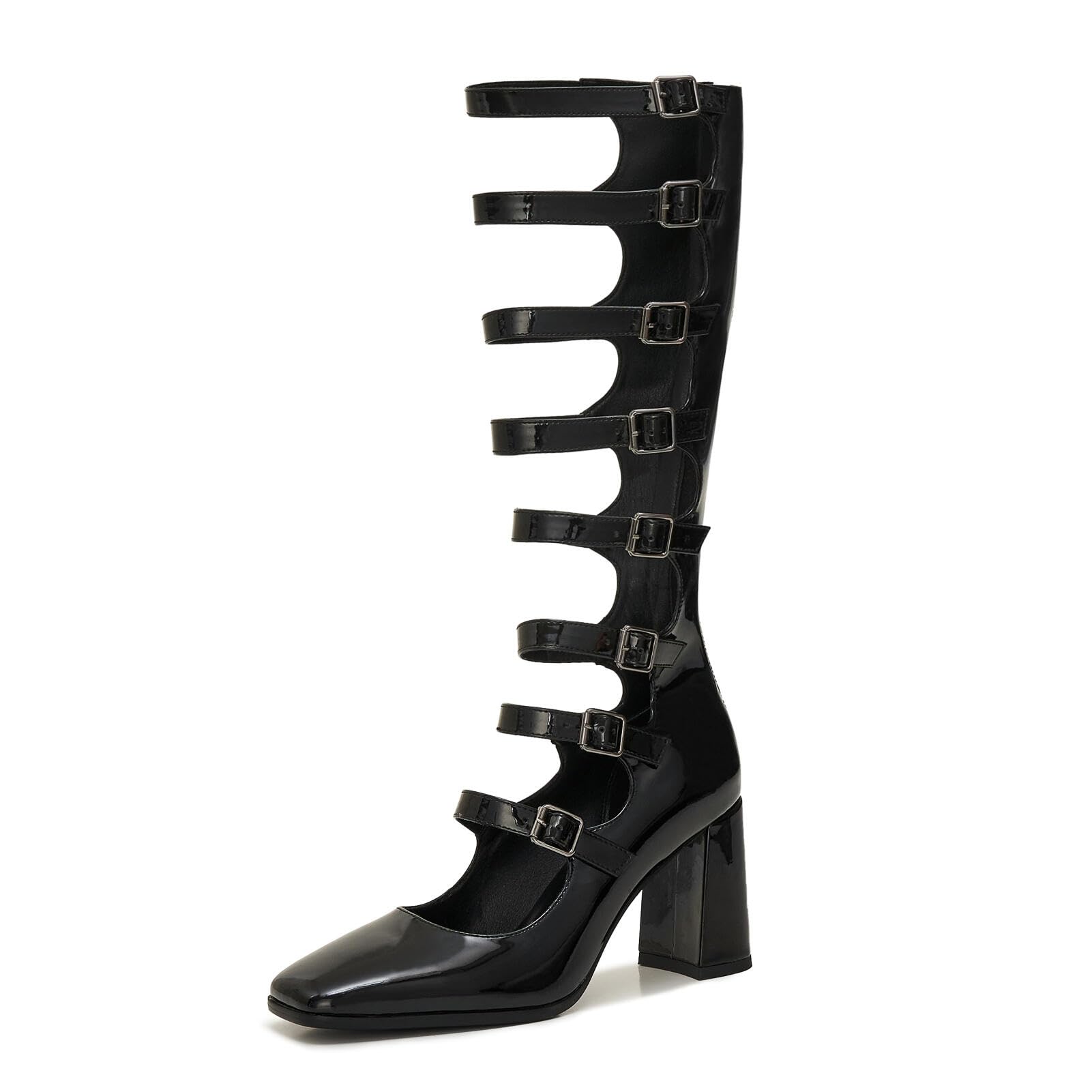 Womens Gothic Knee High Boots Sexy Buckle Strap High Heel Patent Leather Costume Boots for Party Club Halloween