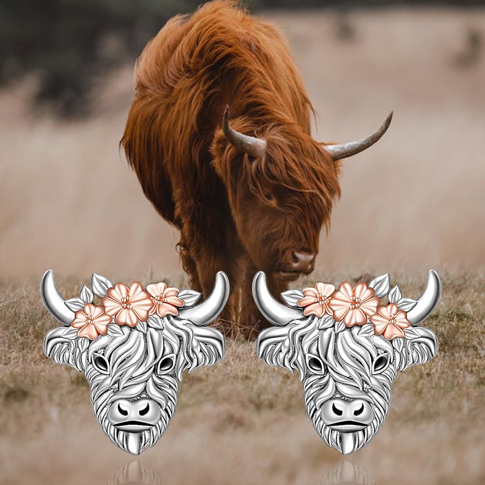 Highland Cow Earrings for Women Highland Cow Earrings Studs Farm Animal 925 Sterling Silver Cows Gifts Animal Lover Jewelry for Mom Daughter