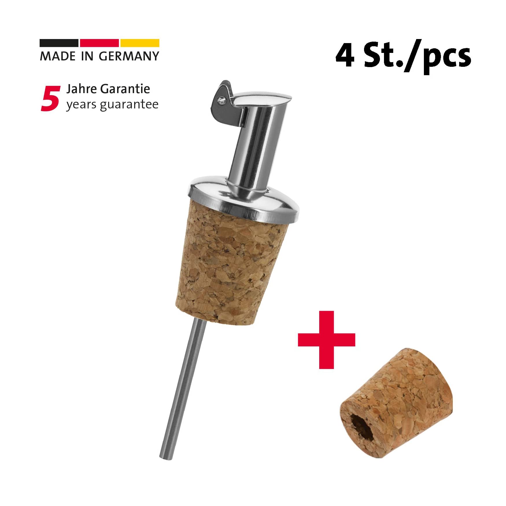 Westmark 4 Beccucci per Bottiglie di Liquori e Olio + 4 Tappi di Ricambio, Corti, Metallo/Acciaio Inossidabile, Tappi in Sughero Naturale, Inox Gastro, Argento, 457022E3