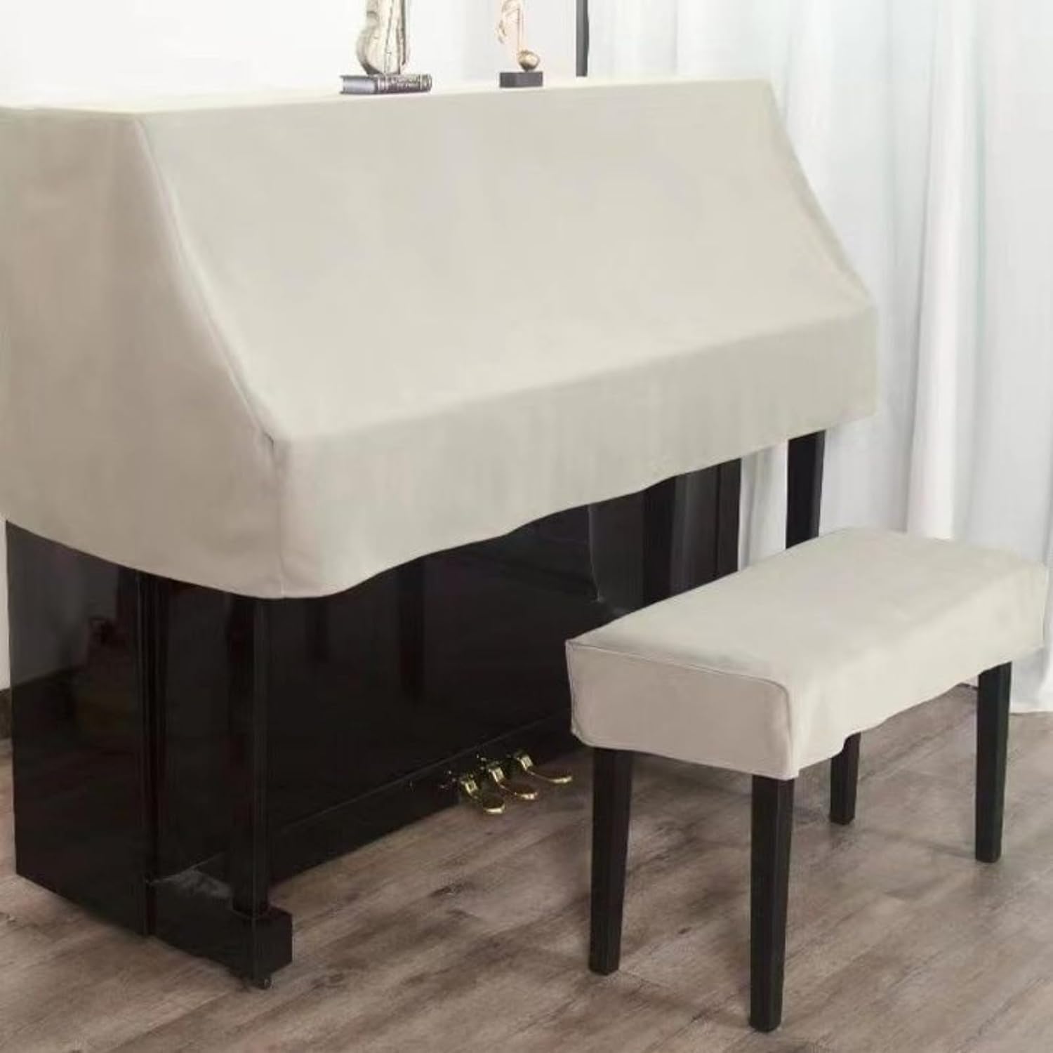 Velvet Upright Piano Dust Cover, Soft Durable Piano Protector with Stool Cover, Modern Decorated Piano Accessories Cover for Home School Store (L Piano Cover, A Double Stool,Beige)