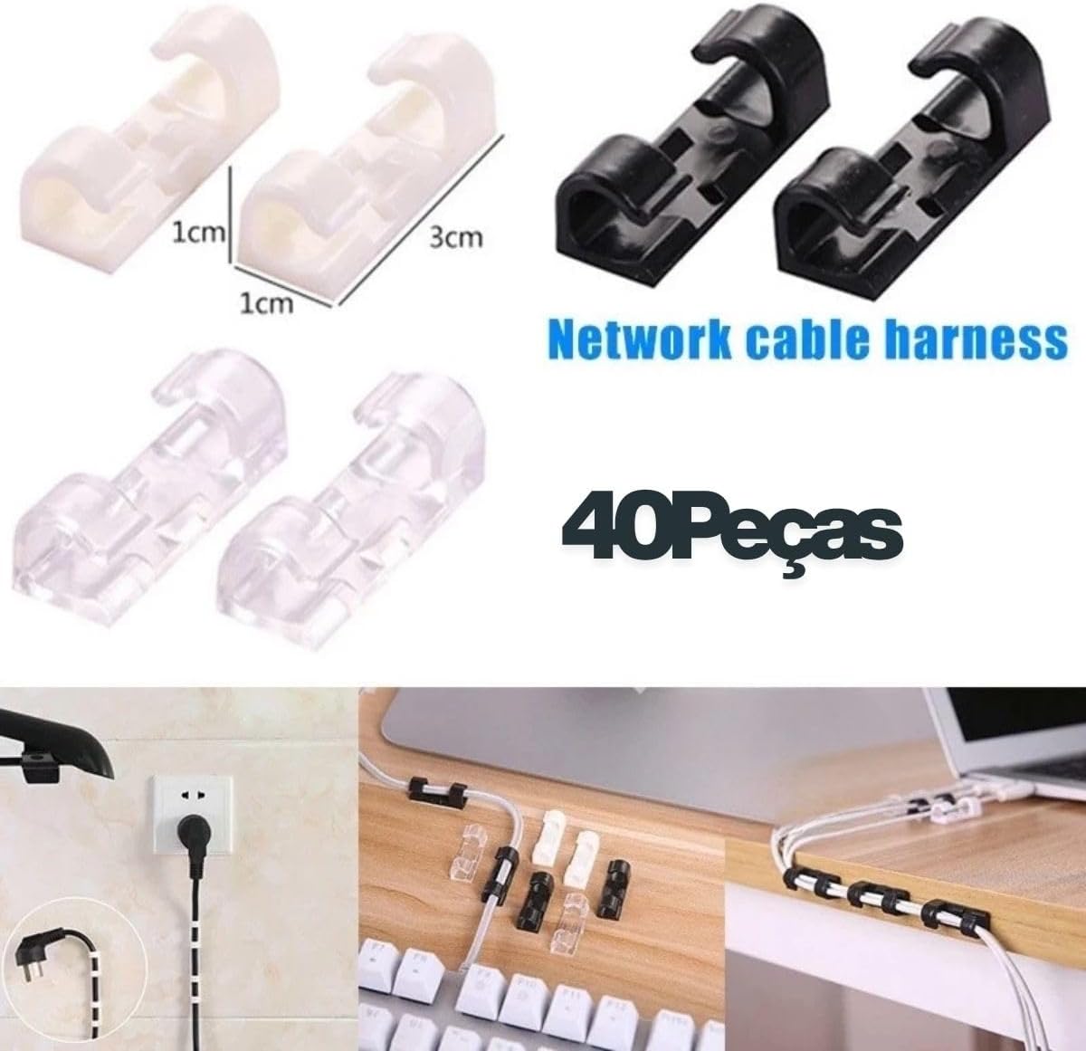 40 Clipe Organizador de Fios E Cabos Autoadesivos Clipes de Conexão Fixa Fio Grampo Miguelão Encaixe De 9mm PREMIUM cor variável