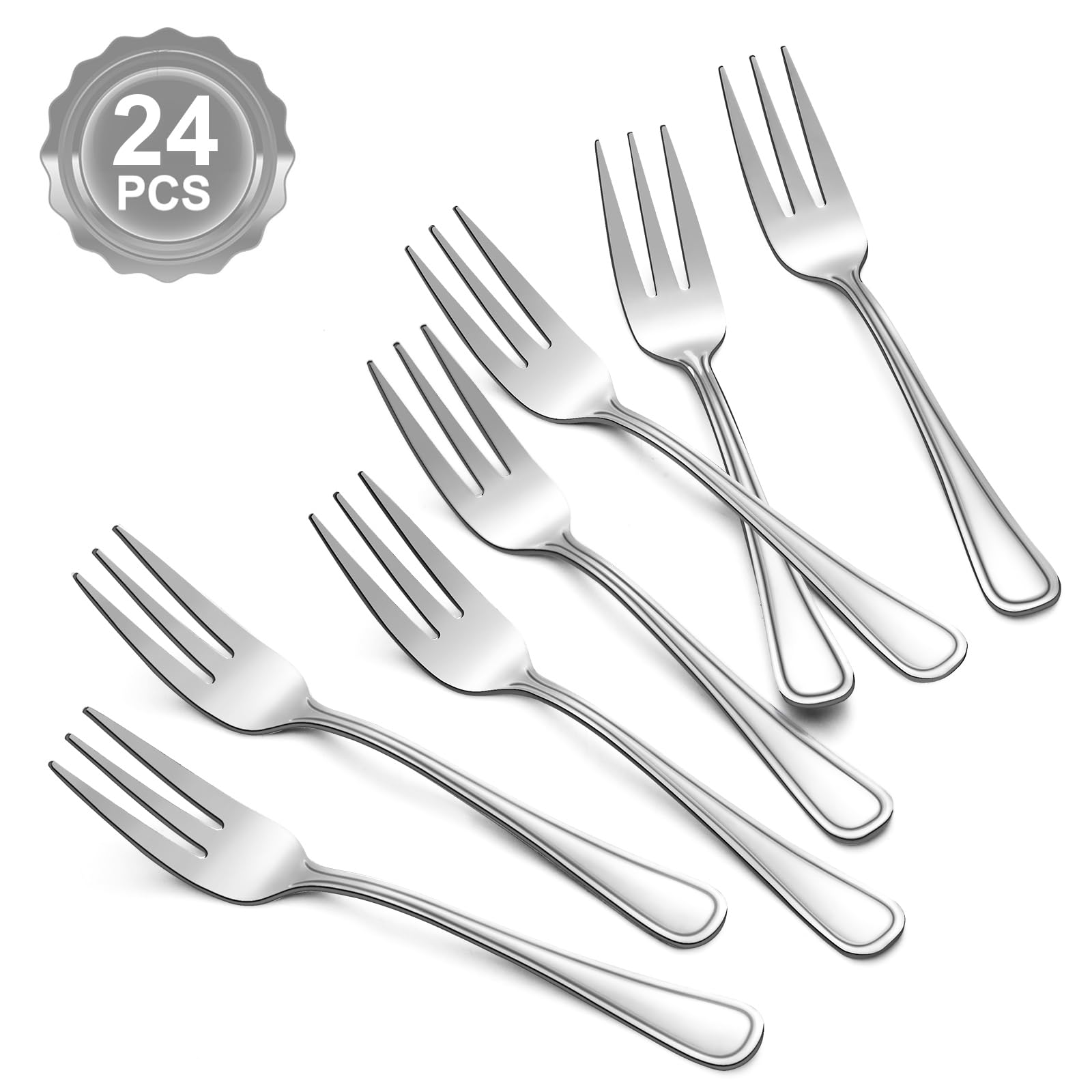 BEWOS 24 Stück Dessertgabeln, 5,71 ''(14,5 cm) Einzigartiges Design Salatgabel, Kleine Gabeln, Edelstahlgabel, Spiegelpolierte Kuchengabeln, Spülmaschinenfestes, Geeignet für Haushalt, Restaurant etc.