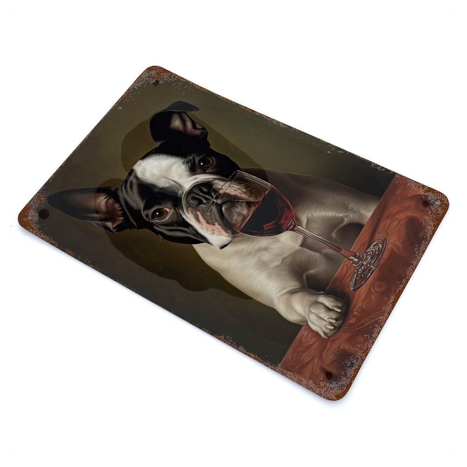 Rust Effect Boston Terrier Wine Rusty Metal Tin Sign 11.8"x7.9", Farmhouse Wall Decor for Shed, Workshop And Garage Wall Decor