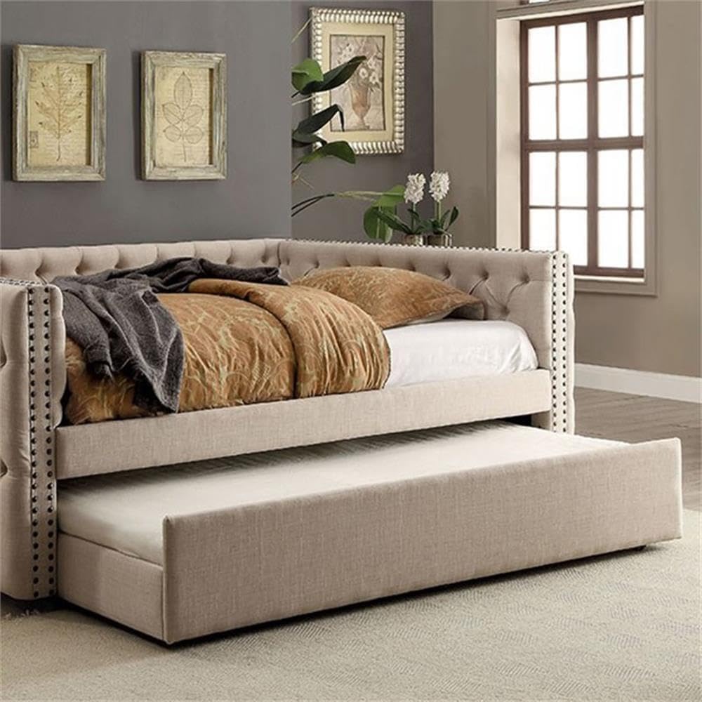 BOWERY HILL Contemporary Fabric Twin Trundle, 76.5" W x 41.5" D x 13.25" H, Solid Wood Frame, Ivory Linen-Like Upholstery, Built-in Casters, Bedroom Furniture for Daybeds and Twin Mattresses