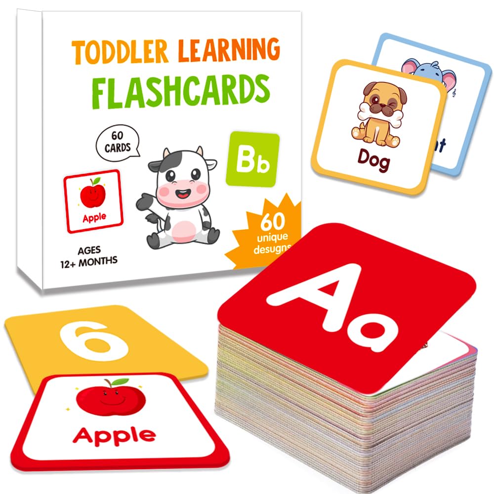 Toddler Flash Cards Learning 60 Double Sides Flashcards for Alphabets, Numbers, Colors, Shapes Educational Toys for Preschool