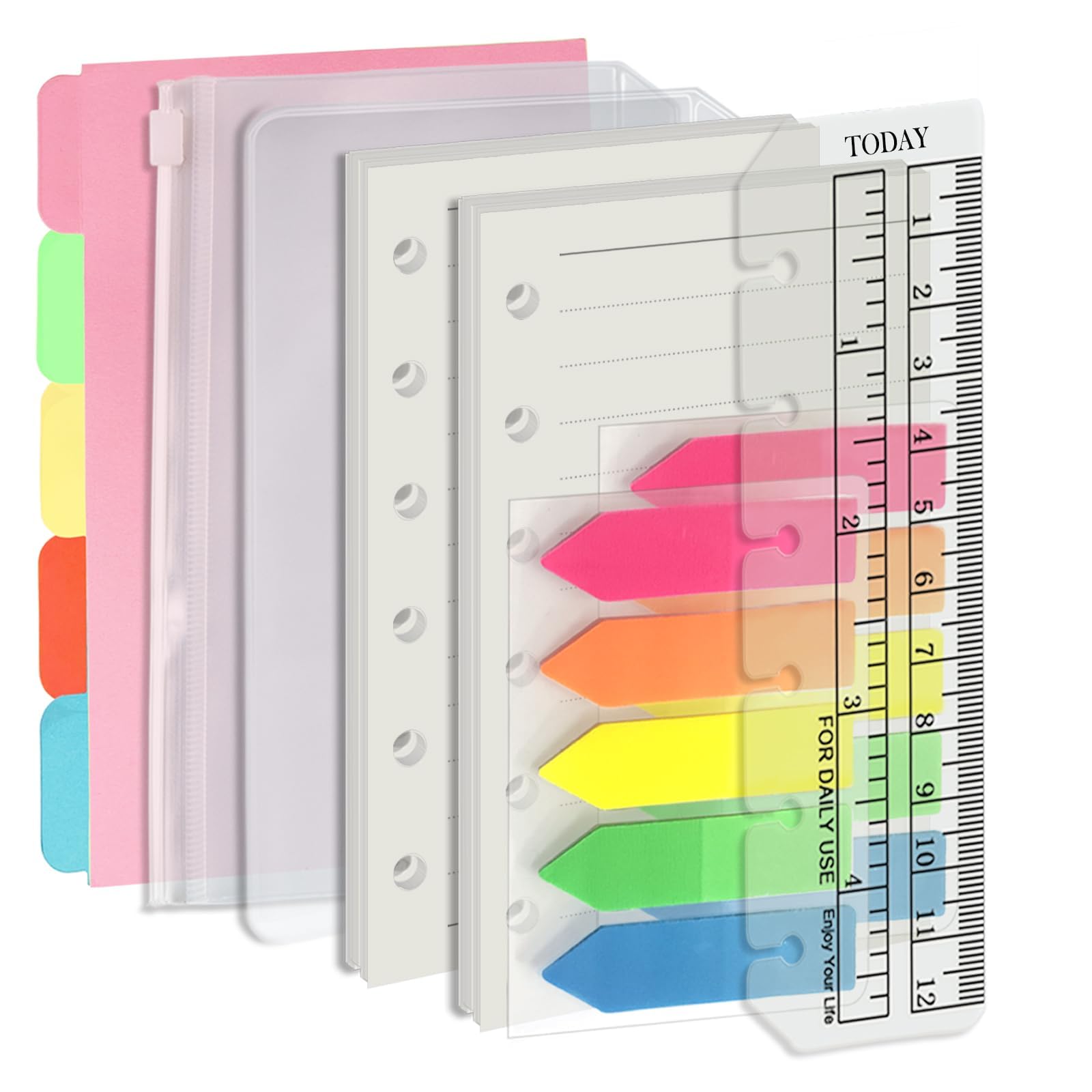 Harphia A7 Lined Pocket Refills 6 Holes Binder Refill Value Set, 90 Sheets Loose Leaf Paper with Stickers and dividers