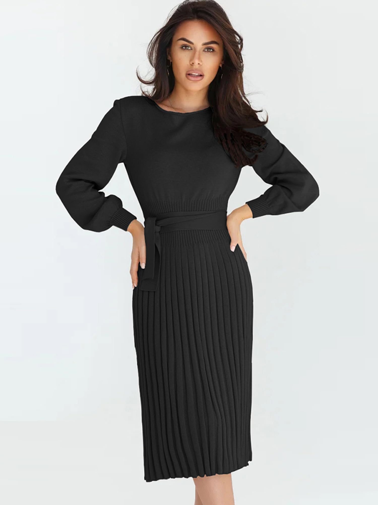 Ever-Pretty Vestito Maglioni Donna Abito Casual a Maniche Lunghe Invernali Elegante Abito in Maglia Midi Abito con Cintura Pullover Elasticizzato Autunno CG40413