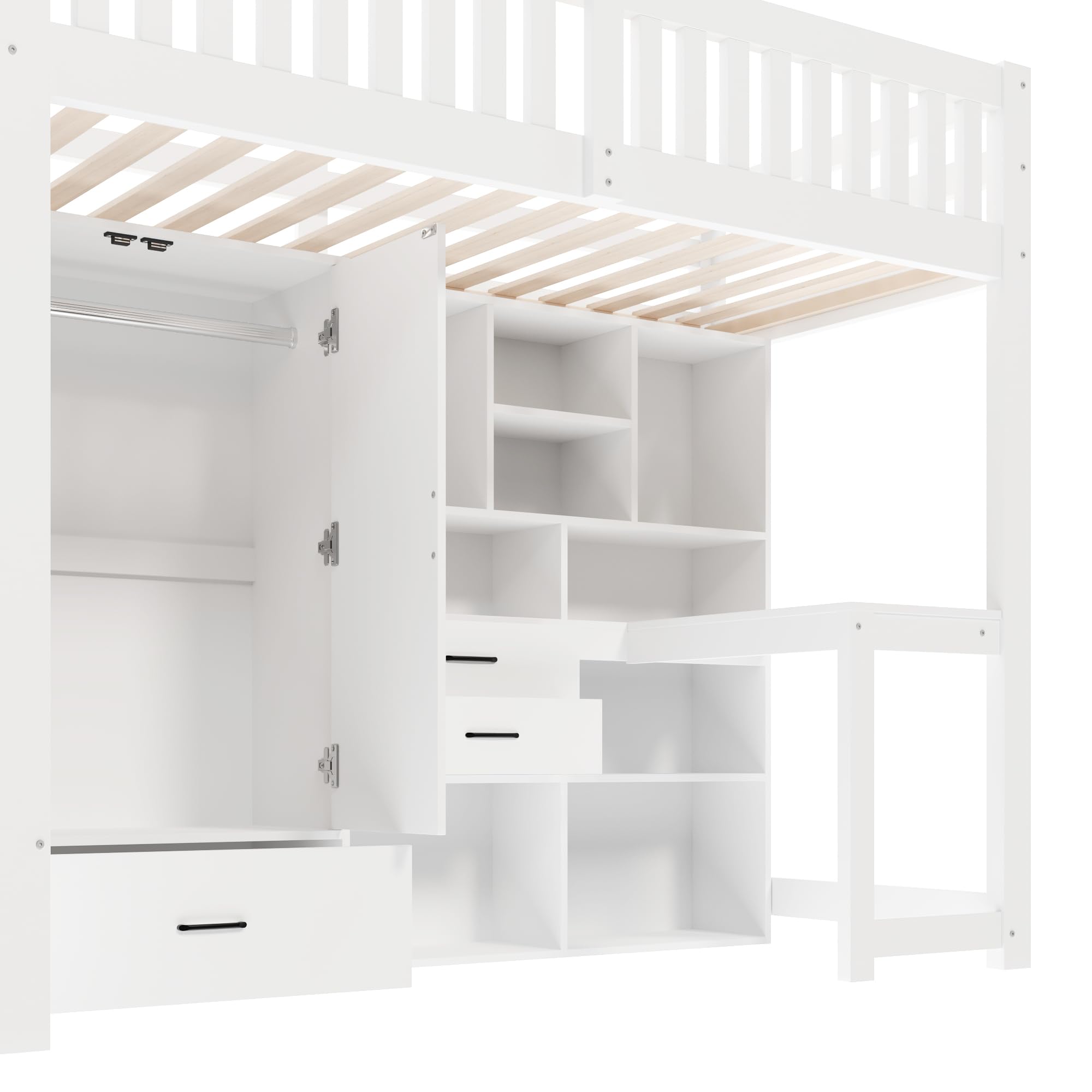 Lit mezzanine 90x200 cm, Lit enfant, avec armoire, bureau et compartiment de rangement, Lit simple en bois avec échelle de rangement, convient aux chambres d'enfants, Blanc (matelas non inclus)