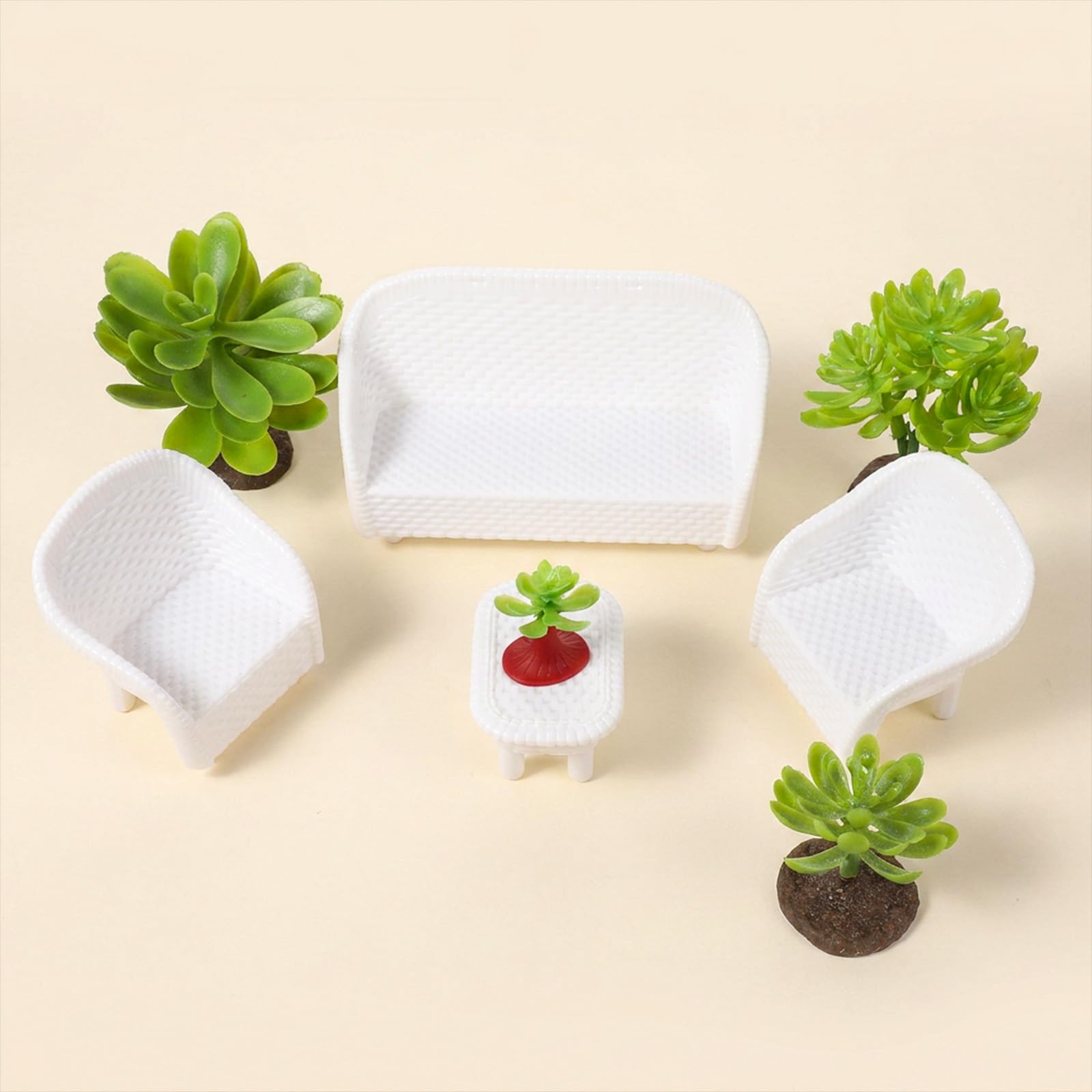 8 Pcs Wicker Tea Table Chair Plant Set, Miniature Dollhouse Furniture Decor Garden Furniture Ornaments for Adults Dollhouse Bedroom Micro Landscape