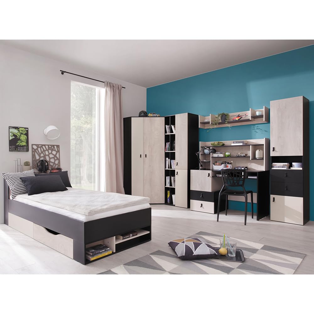 Lomadox Jugendzimmer Set 7-teilig mit Bett, Eckkleiderschrank, 2 Regalschränke, Wandboard, Schreibtisch, Schreibtischaufsatz in schwarz/braun/beige Modern