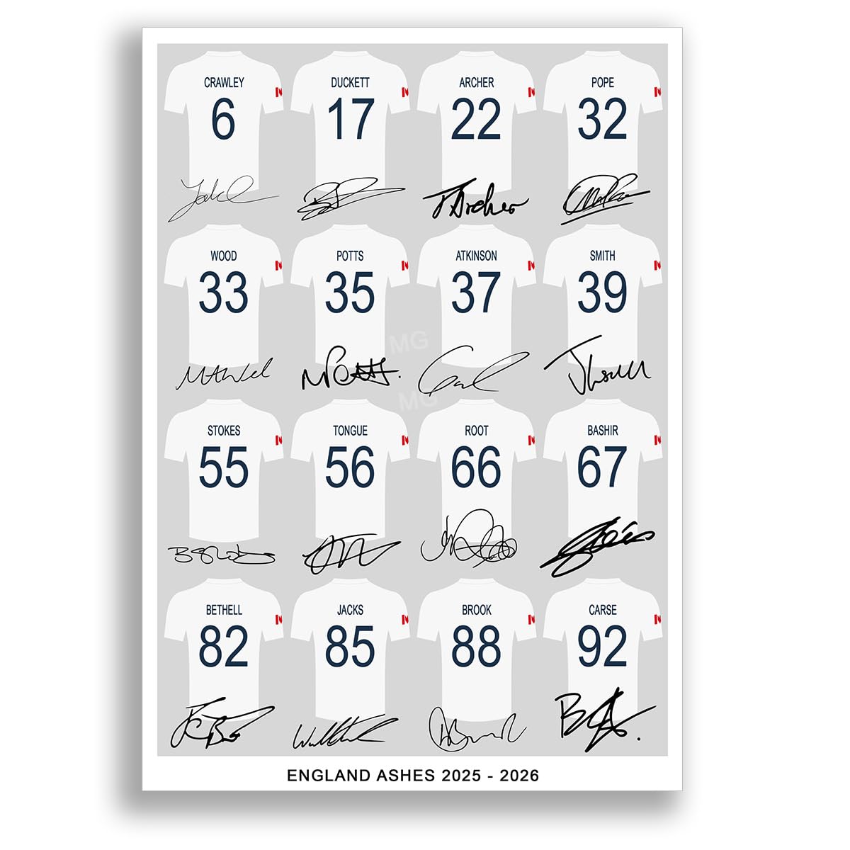 England Ashes Cricket Team Squad 2025 Signed Poster Print Framed Photo Autograph Gift Squad Display Memorabilia Joe Root Ben Stokes (A4 Poster Only)