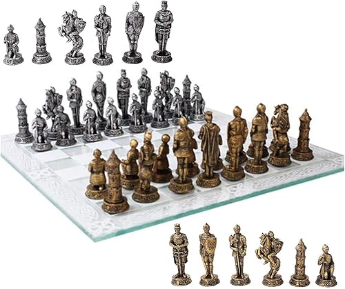 Ebros Medieval Warfare Age of Knights and Kings Resina Soldier Castle Knighthood - Juego de piezas de ajedrez con tablero de vidrio, juego de