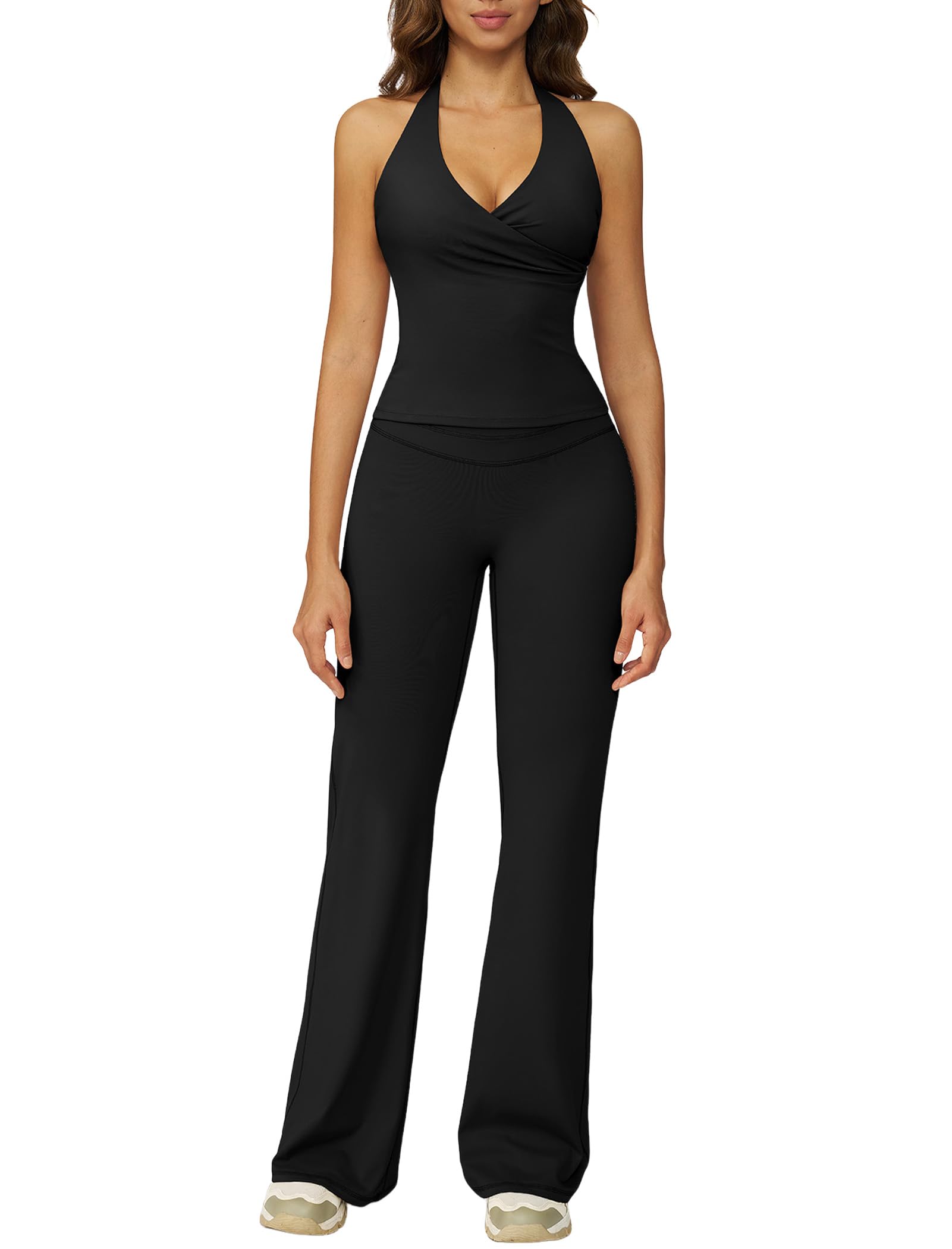 Womens Two Piece Workout Sets Wrap Halter Tank Top Matching High Waist Flared Leggings Yoga Pilates Outfits