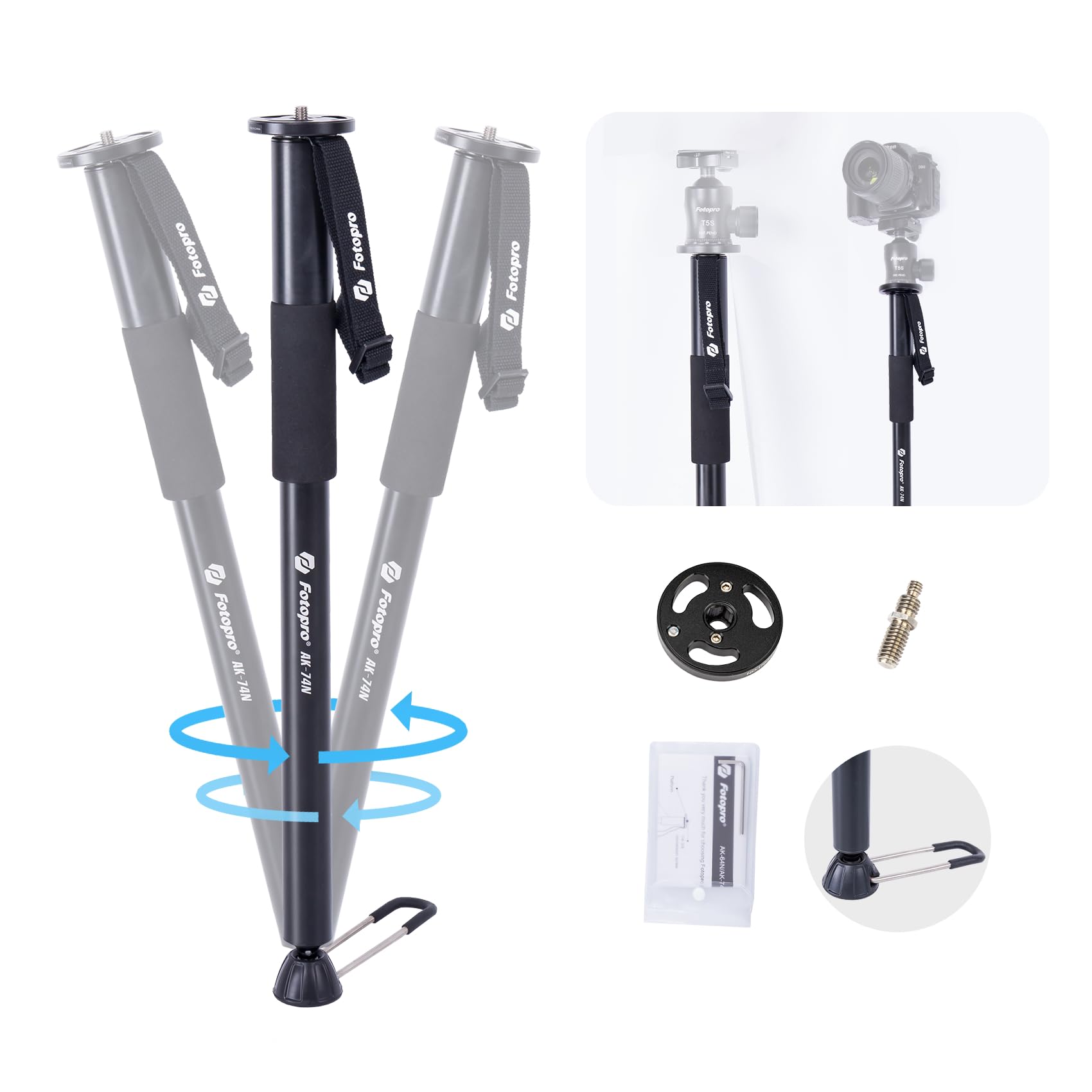 Fotopro Caméra Monopode 160 CM Aluminium Professionnel 4 Section avec Base de Support Charge Max jusqu'à 11lbs