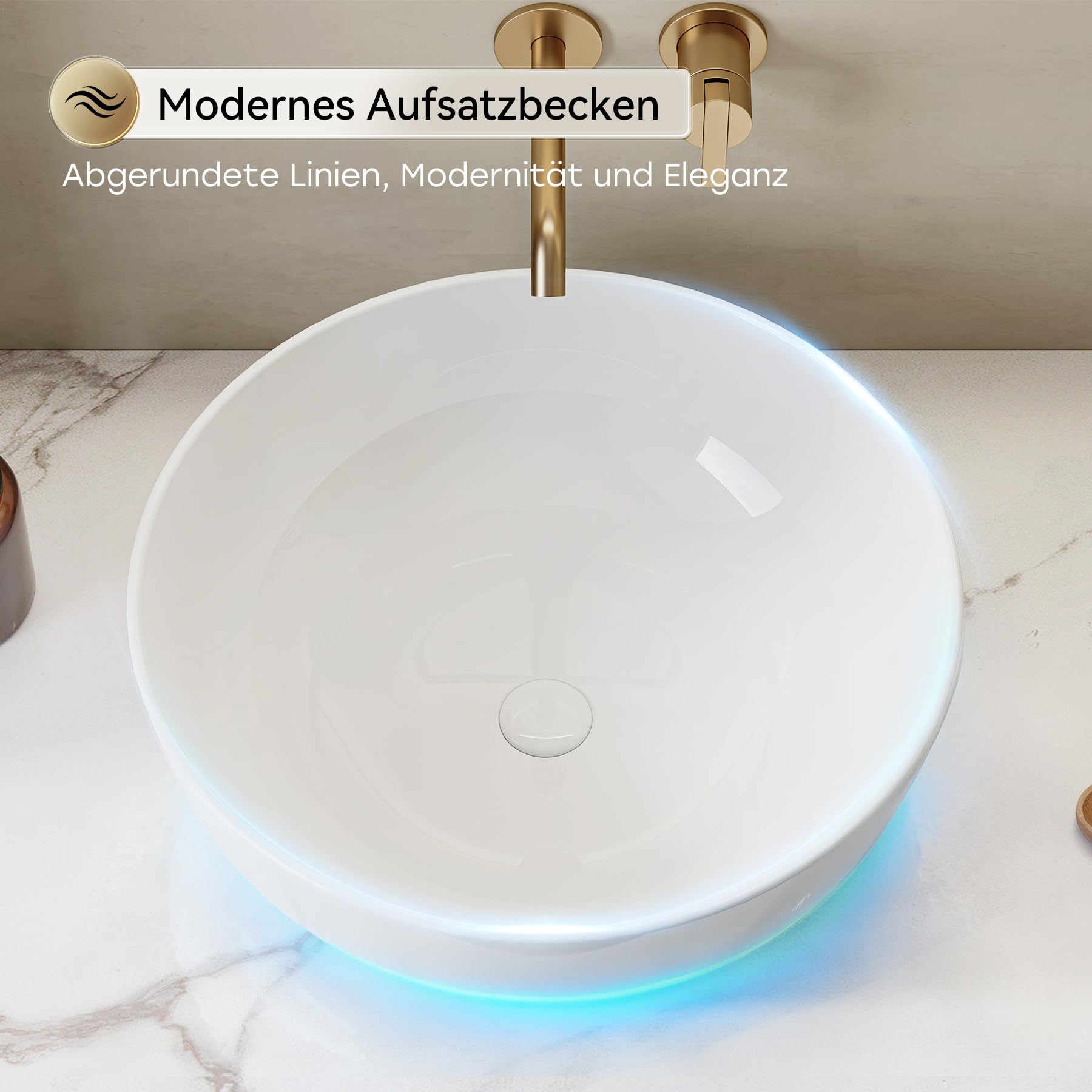 HOROW Rund Aufsatzwaschbecken Weiß Handwaschbecken ohne Hahnloch, Kleines Waschbecken 41 cm, ultradünner Rand, 1280℃ gebrannt, schnell entwässernd für Badezimmer Gäste-WC